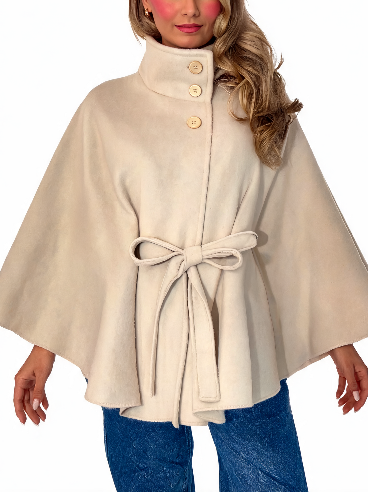 Belted Cape Coat Poncho Jacket with Tie Waist
