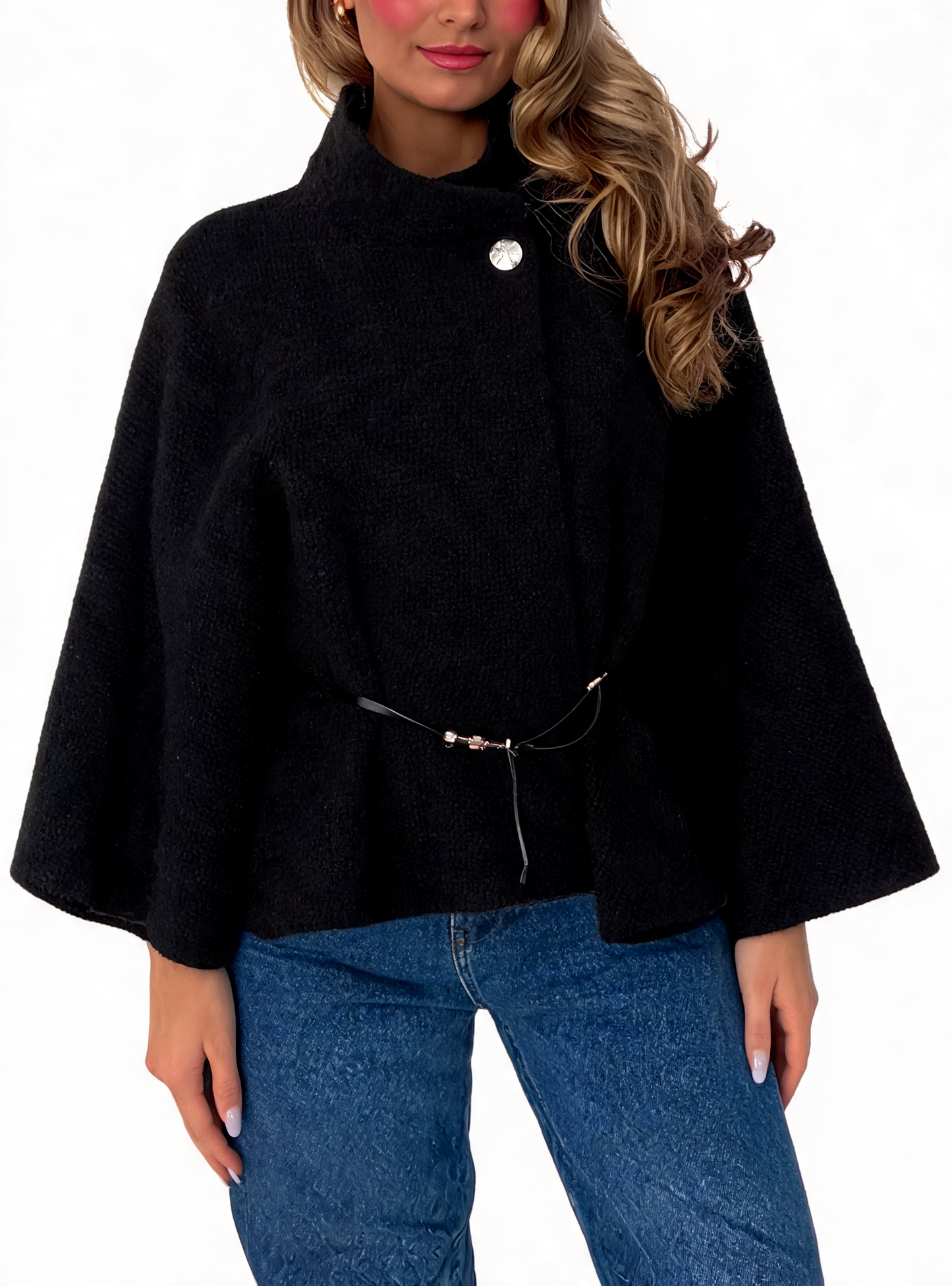Textured Cape Coat Belted Poncho Jacket with Funnel Neck