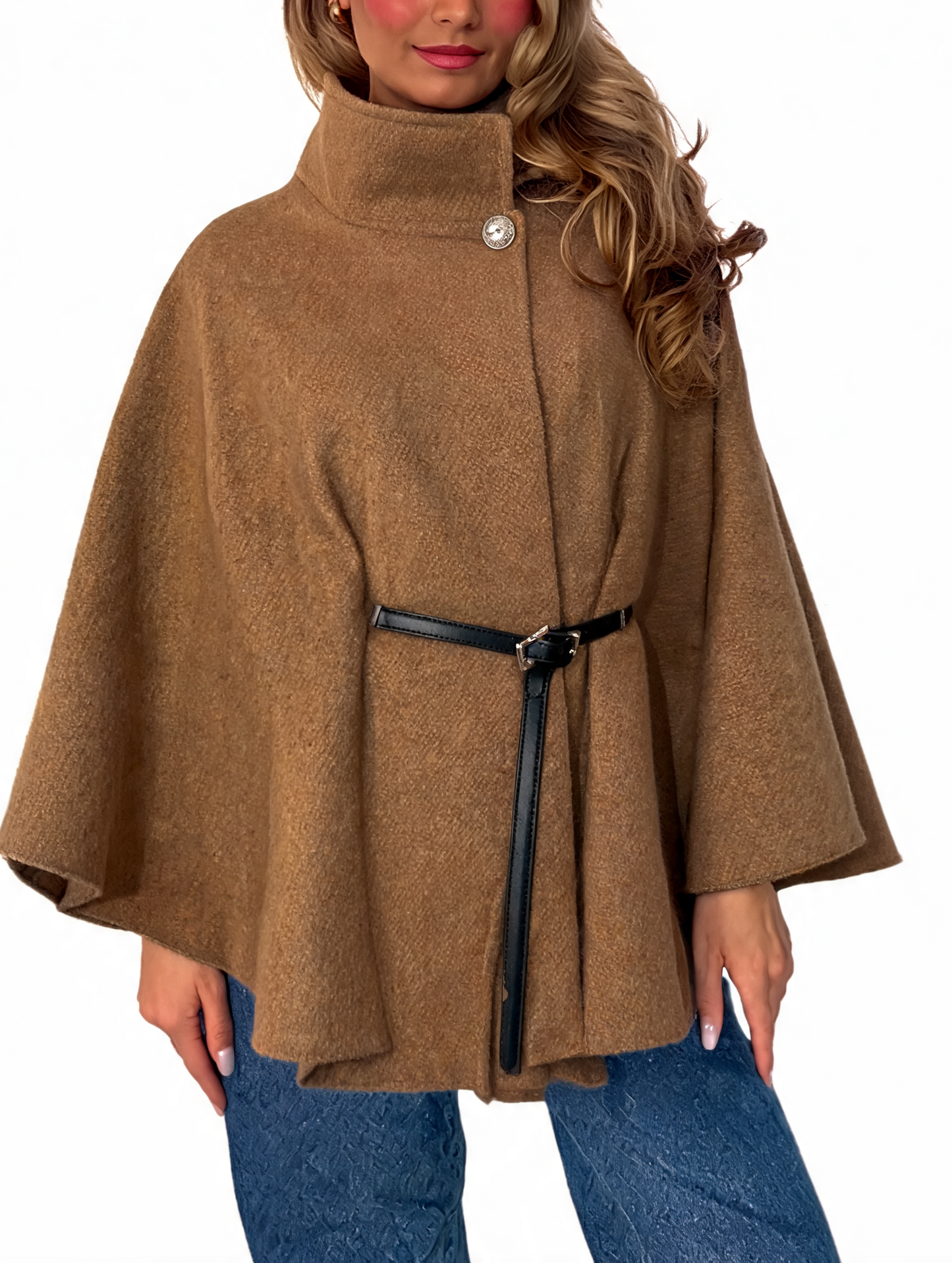 Textured Cape Coat Belted Poncho Jacket with Funnel Neck