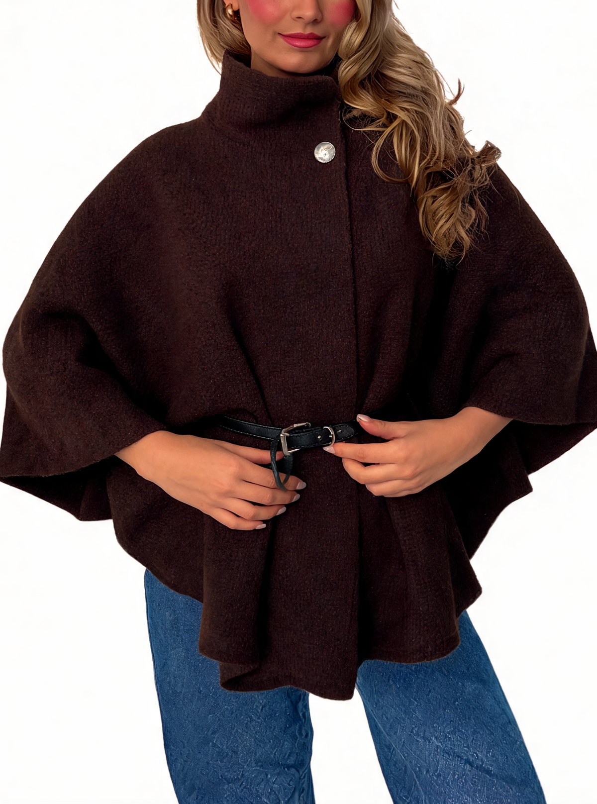 Textured Cape Coat Belted Poncho Jacket with Funnel Neck