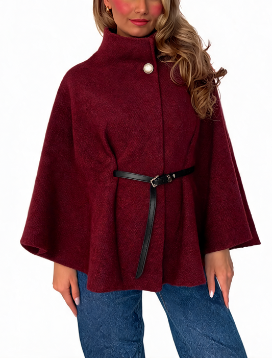 Textured Cape Coat Belted Poncho Jacket with Funnel Neck