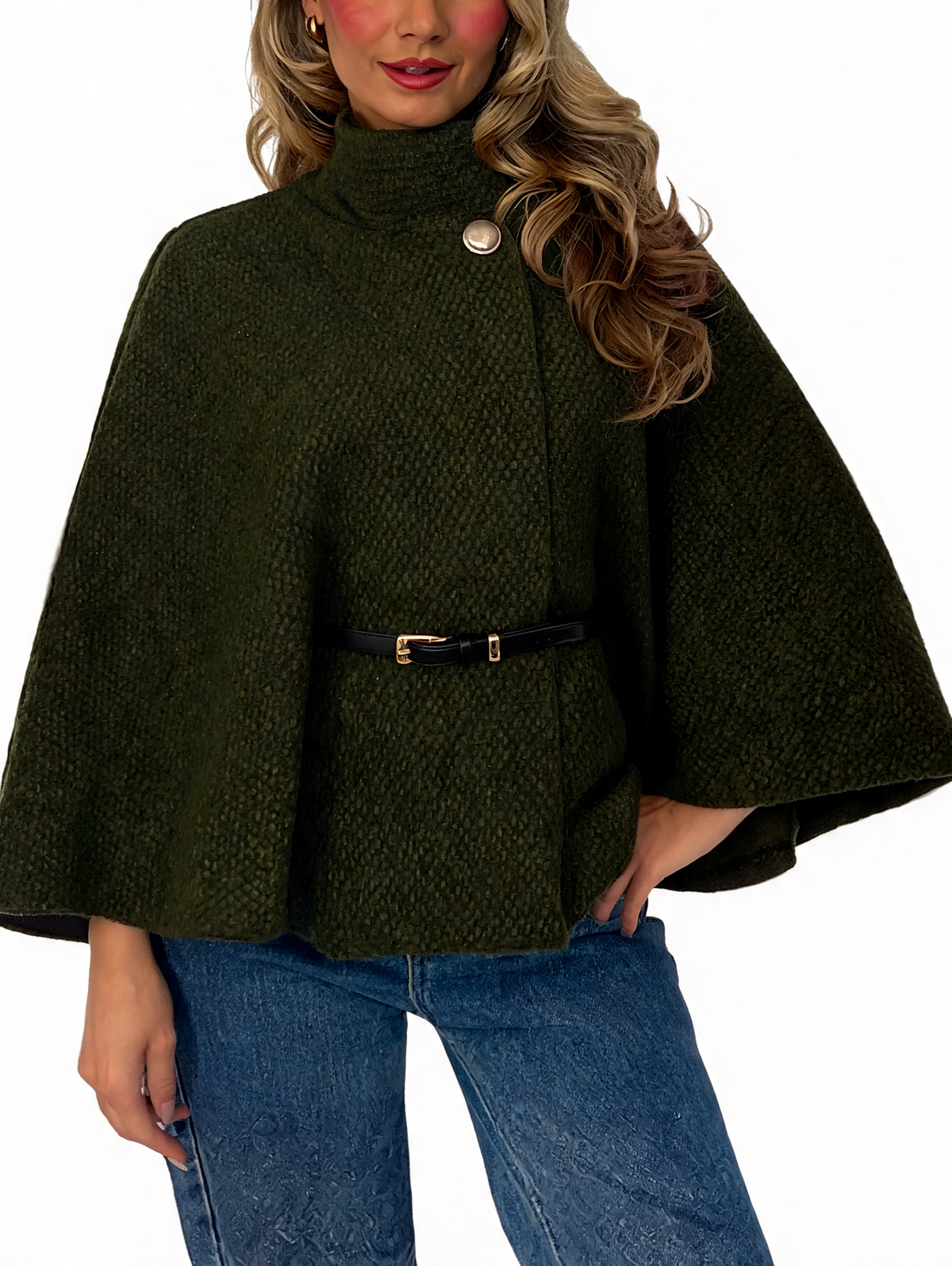 Textured Cape Coat Belted Poncho Jacket with Funnel Neck