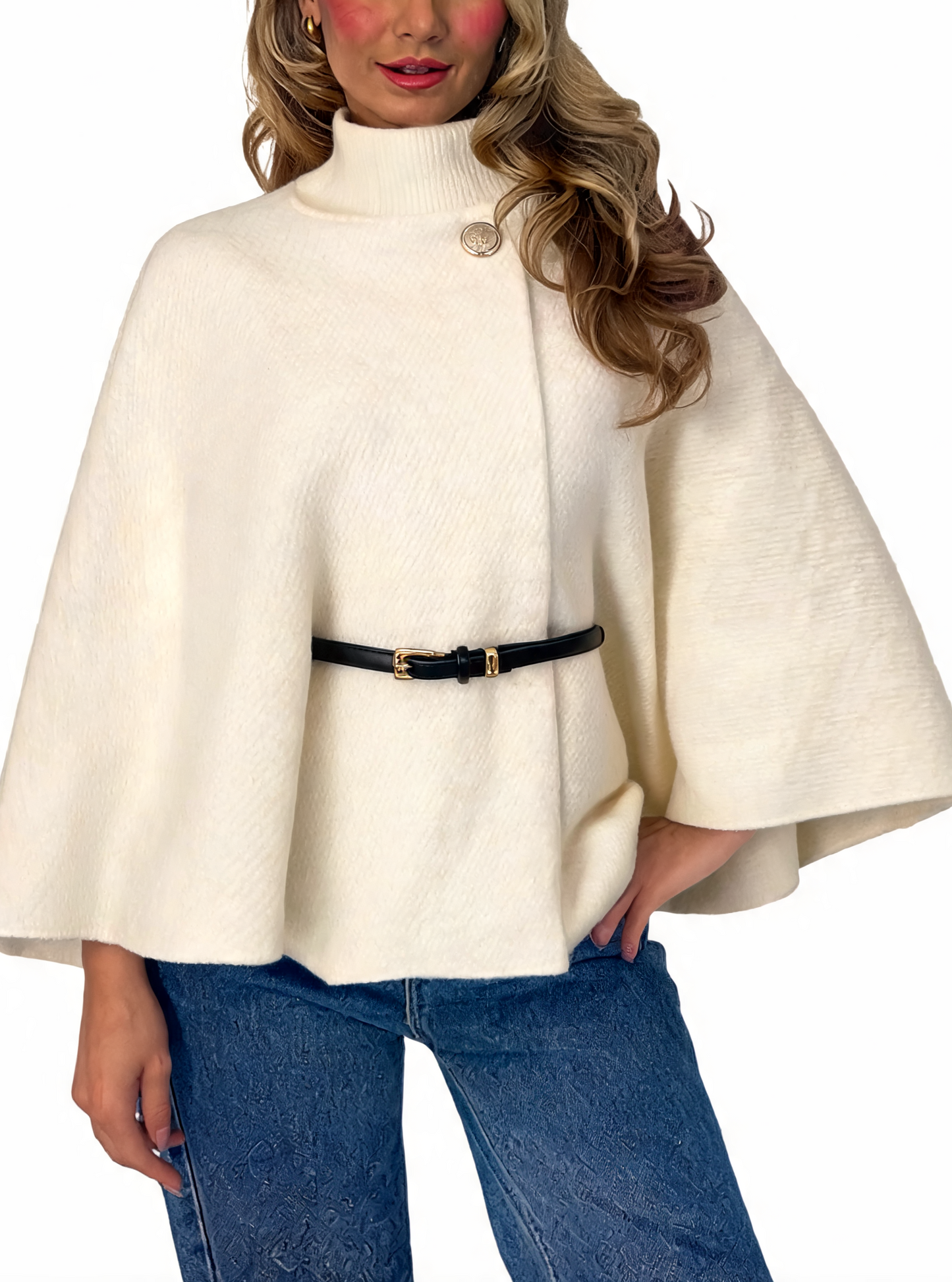Textured Cape Coat Belted Poncho Jacket with Funnel Neck