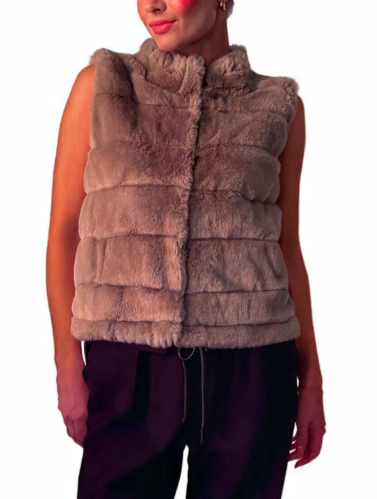 Faux Fur Zip-Up Gilet Textured Vest with Funnel Collar