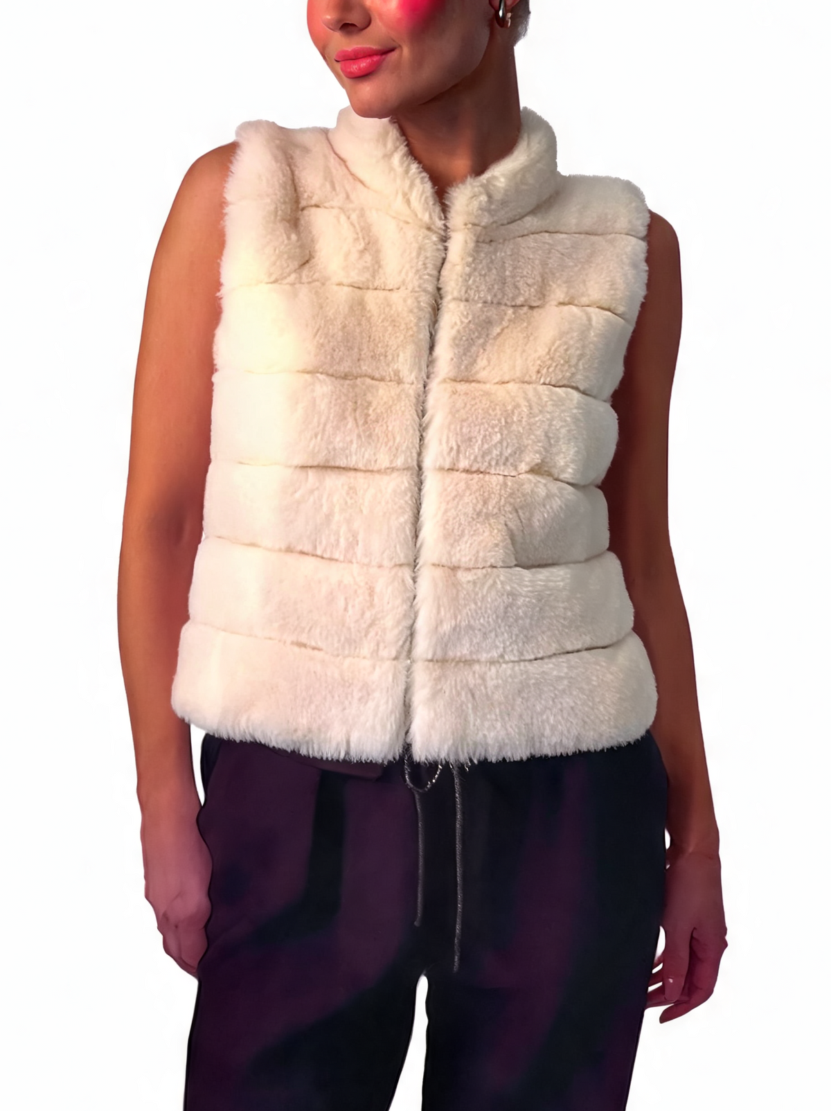 Faux Fur Zip-Up Gilet Textured Vest with Funnel Collar