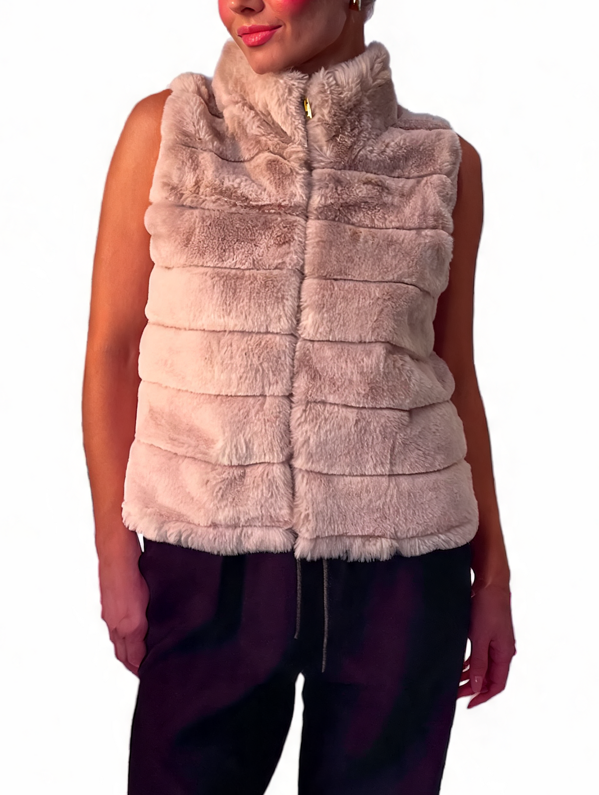Faux Fur Zip-Up Gilet Textured Vest with Funnel Collar
