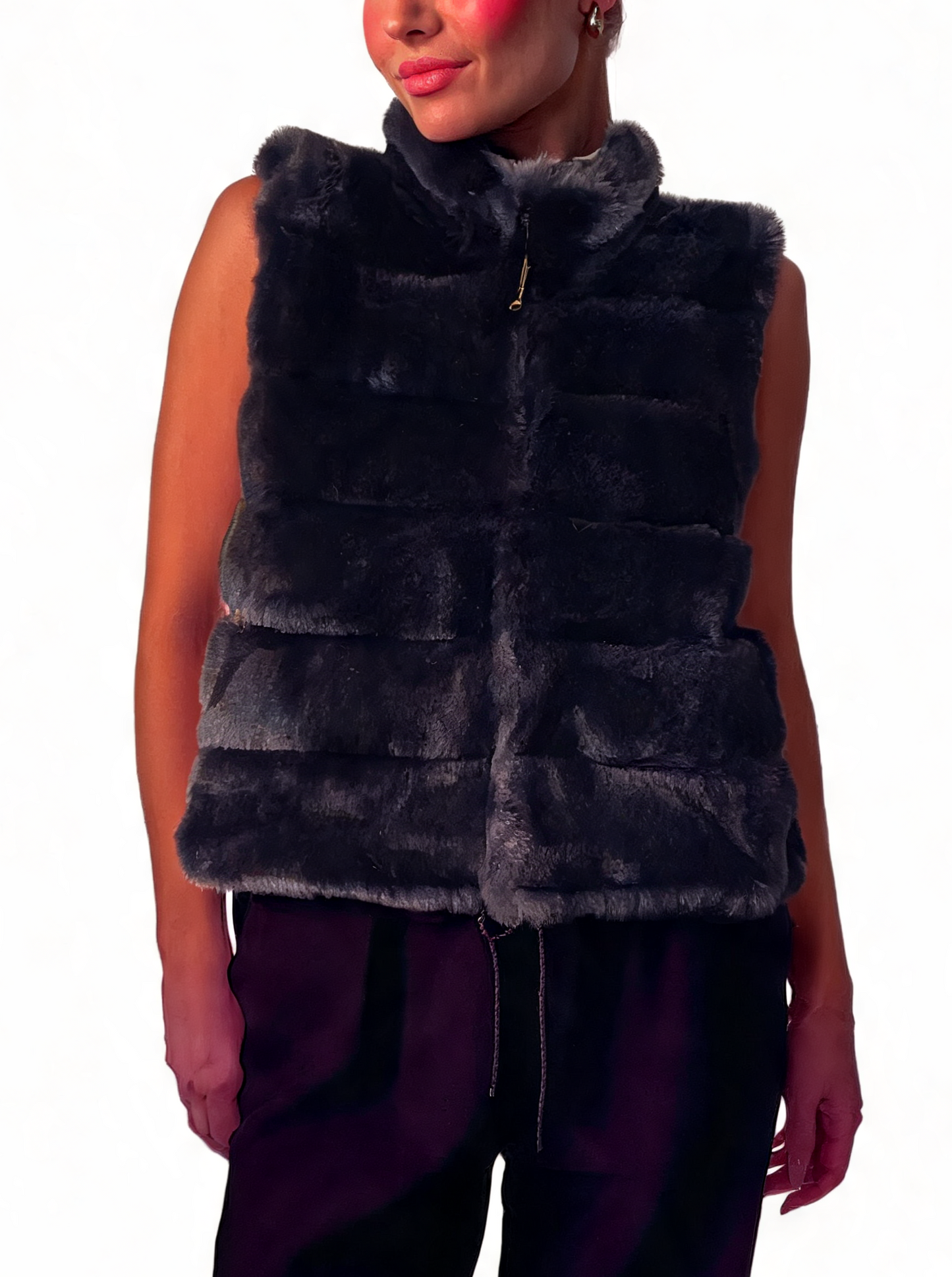 Faux Fur Zip-Up Gilet Textured Vest with Funnel Collar
