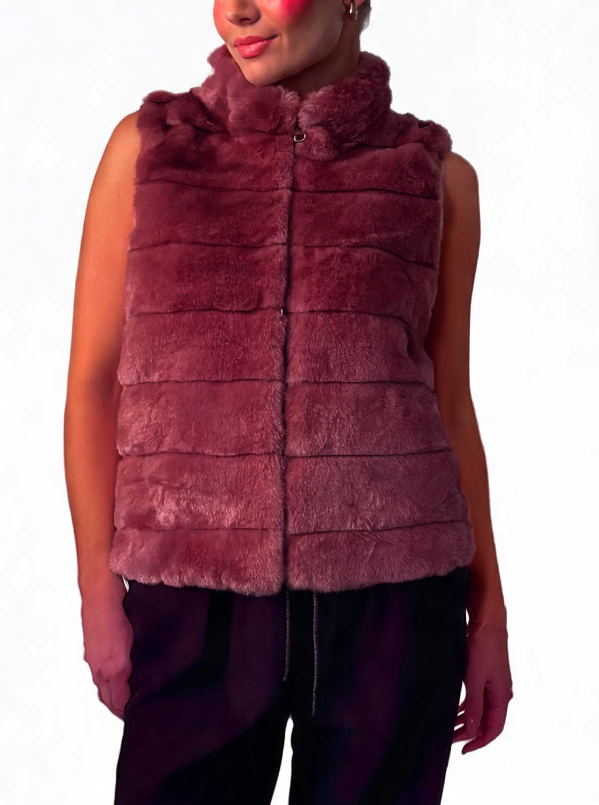 Faux Fur Zip-Up Gilet Textured Vest with Funnel Collar