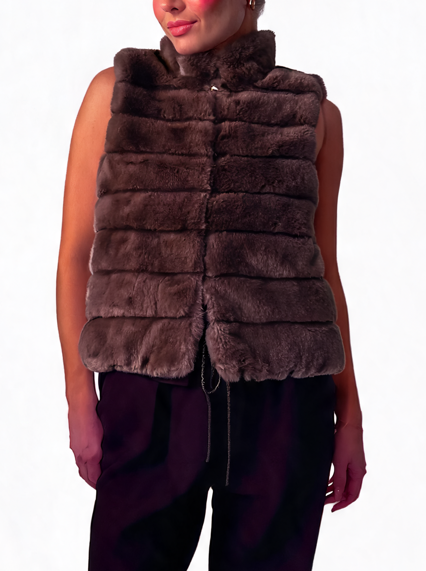 Faux Fur Zip-Up Gilet Textured Vest with Funnel Collar