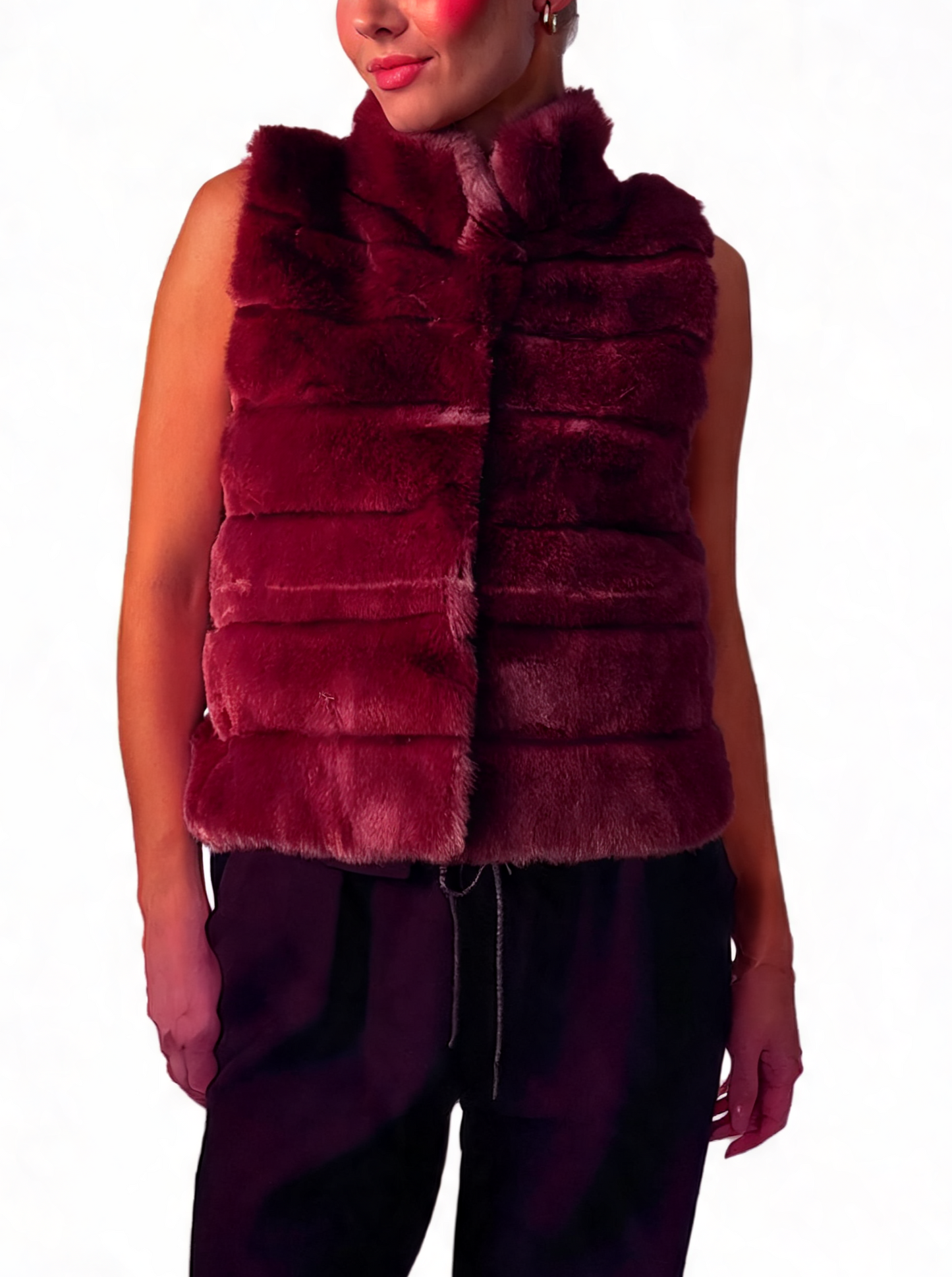 Faux Fur Zip-Up Gilet Textured Vest with Funnel Collar