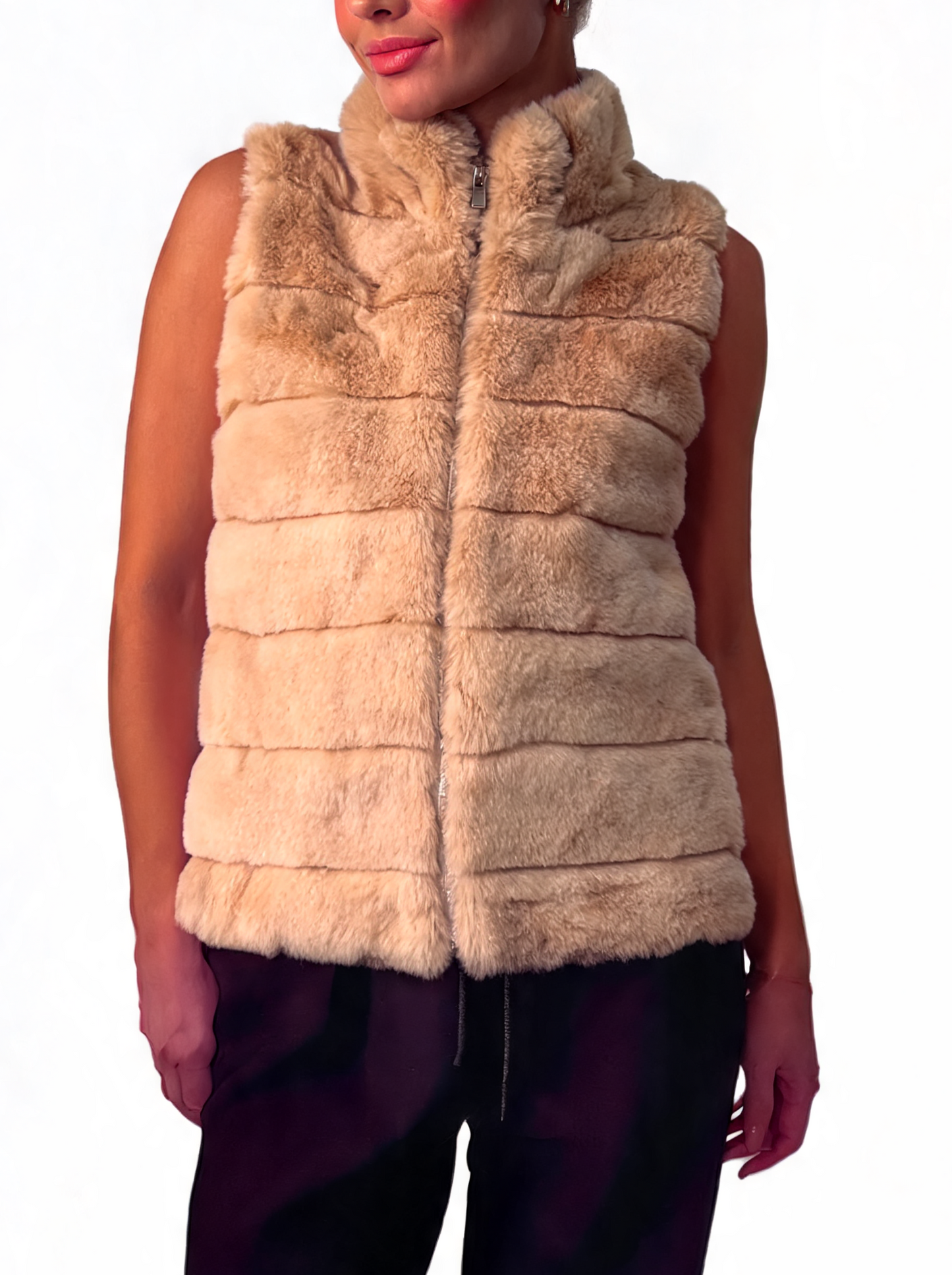 Faux Fur Zip-Up Gilet Textured Vest with Funnel Collar