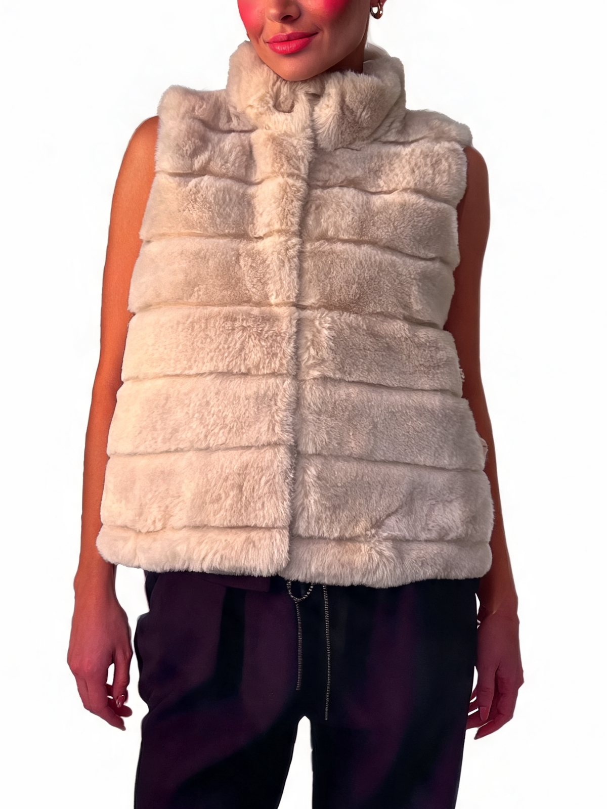 Faux Fur Zip-Up Gilet Textured Vest with Funnel Collar