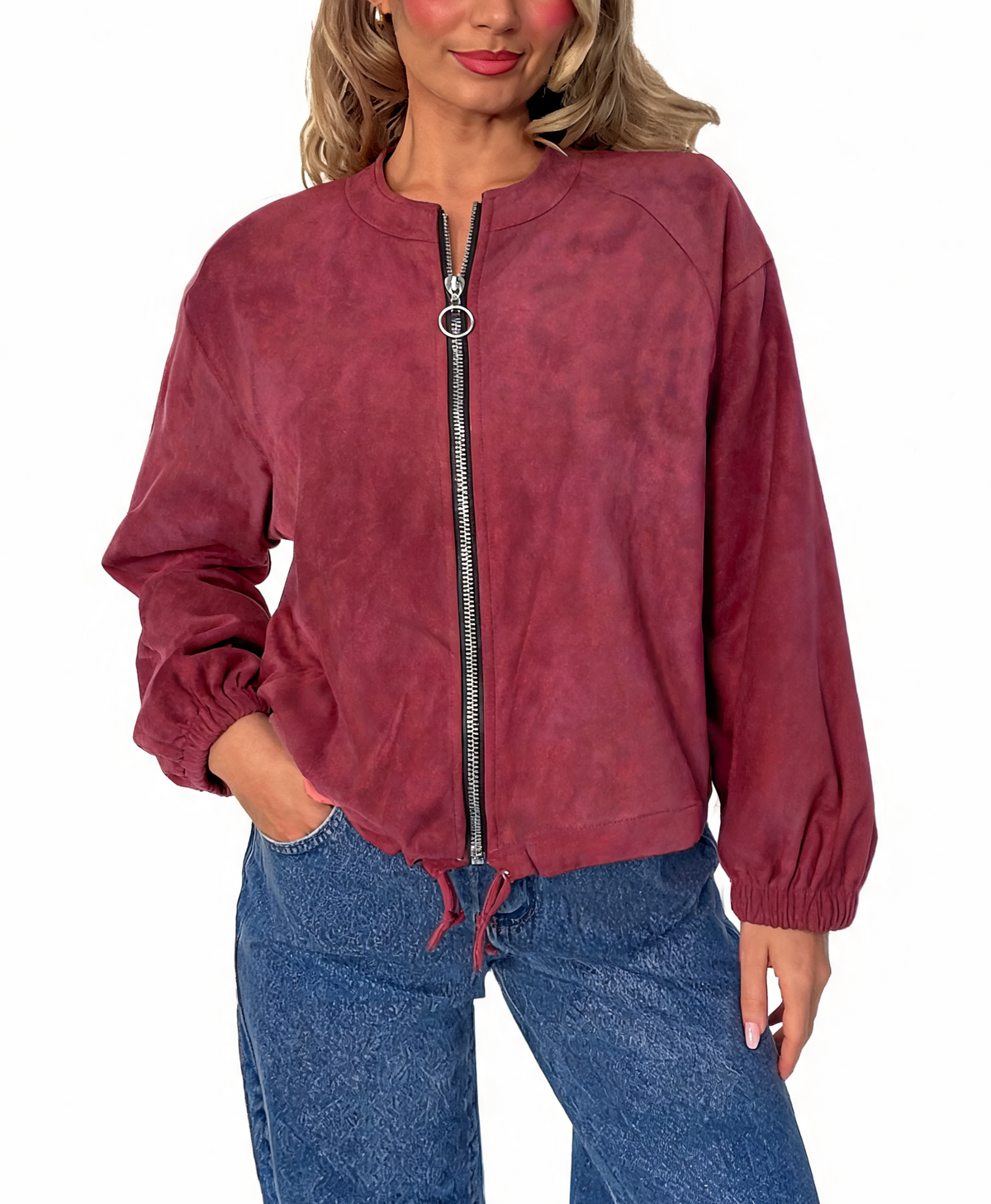Faux Suede Zip-Up Bomber Jacket with Drawstring Hem