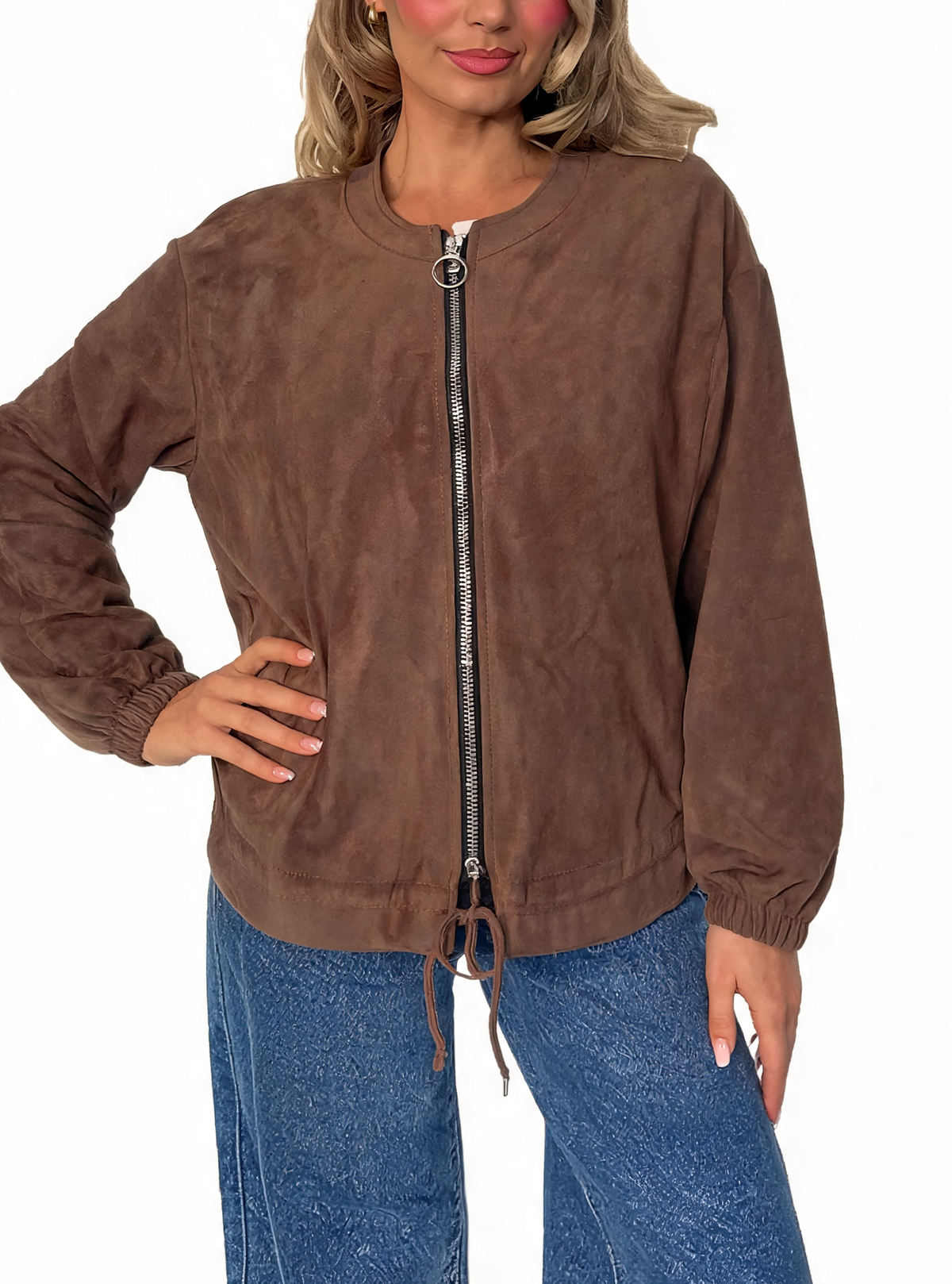 Faux Suede Zip-Up Bomber Jacket with Drawstring Hem