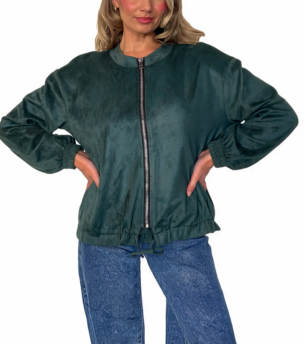 Faux Suede Zip-Up Bomber Jacket with Drawstring Hem