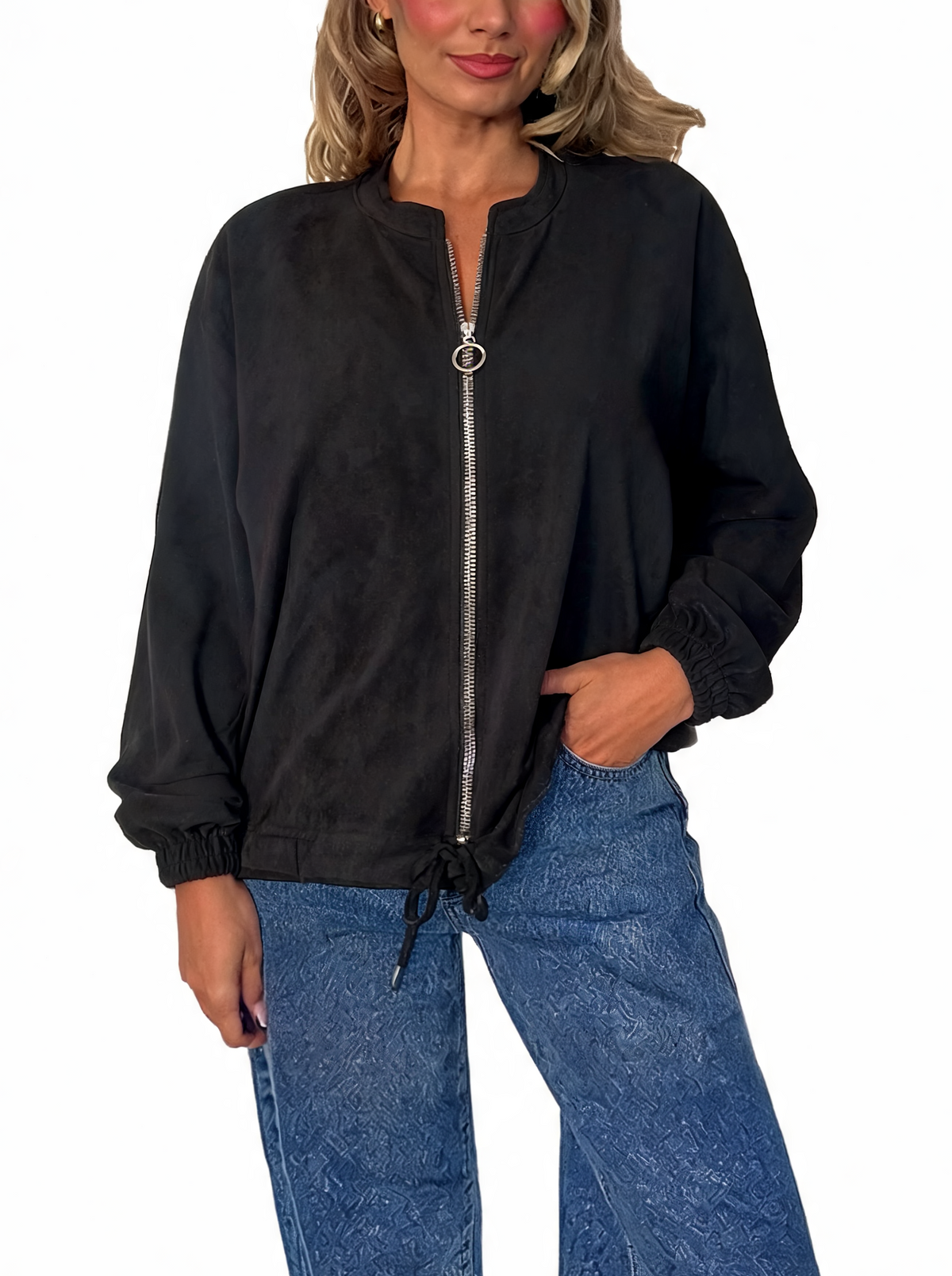 Faux Suede Zip-Up Bomber Jacket with Drawstring Hem