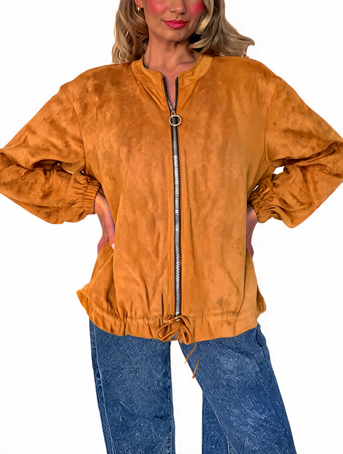 Faux Suede Zip-Up Bomber Jacket with Drawstring Hem