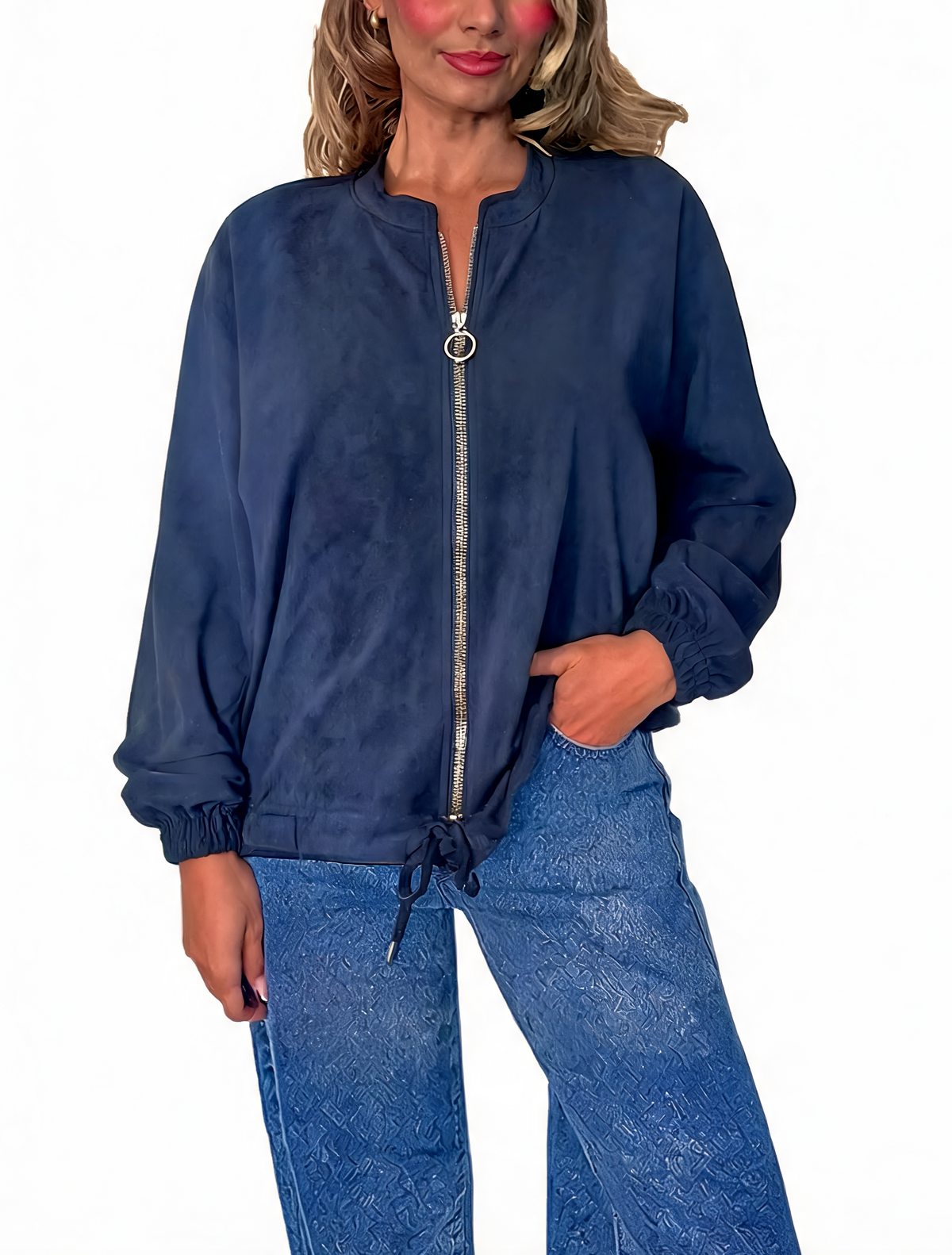 Faux Suede Zip-Up Bomber Jacket with Drawstring Hem