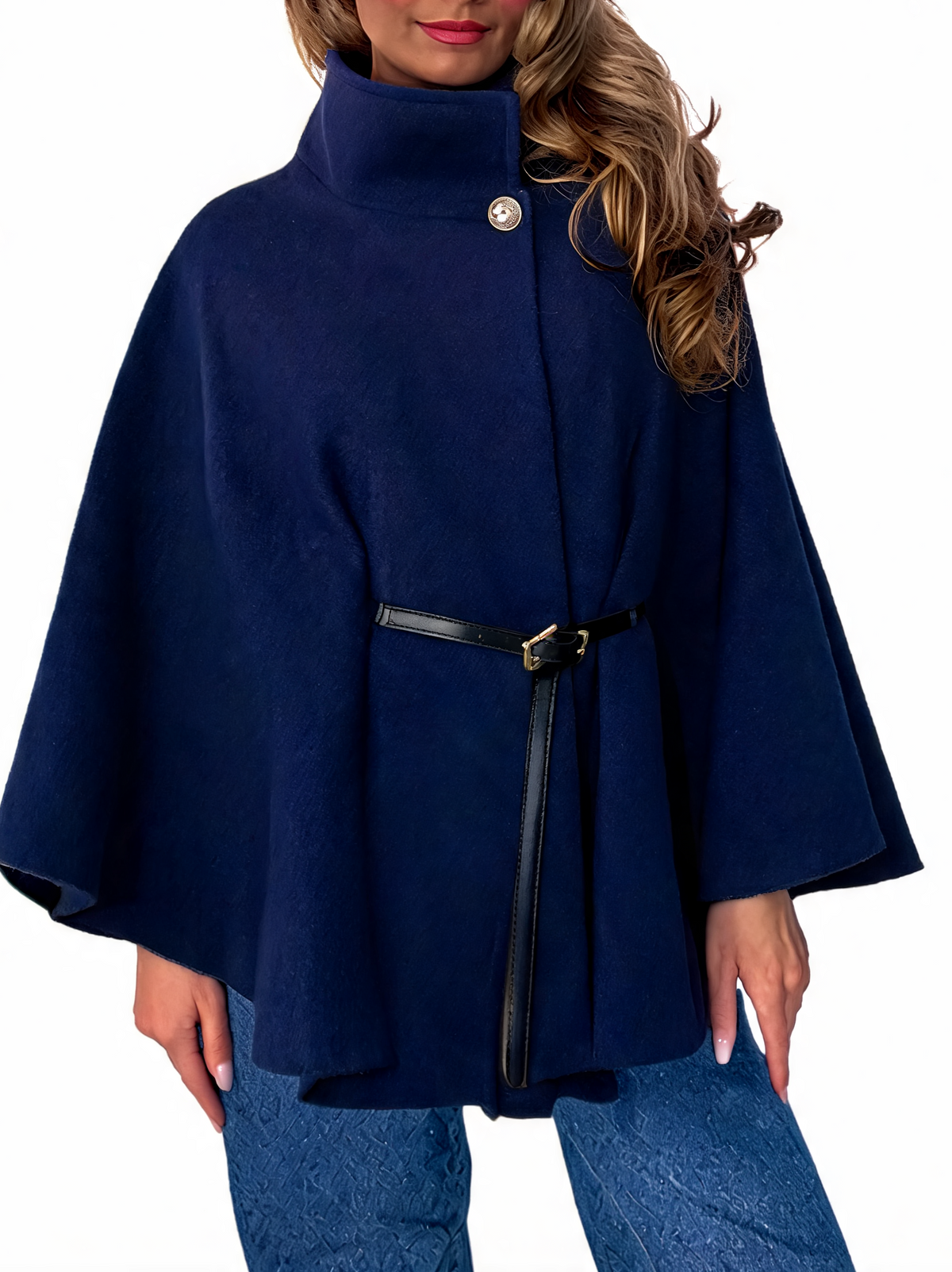 Navy belted cape coat poncho jacket with funnel neck and textured drape sleeves