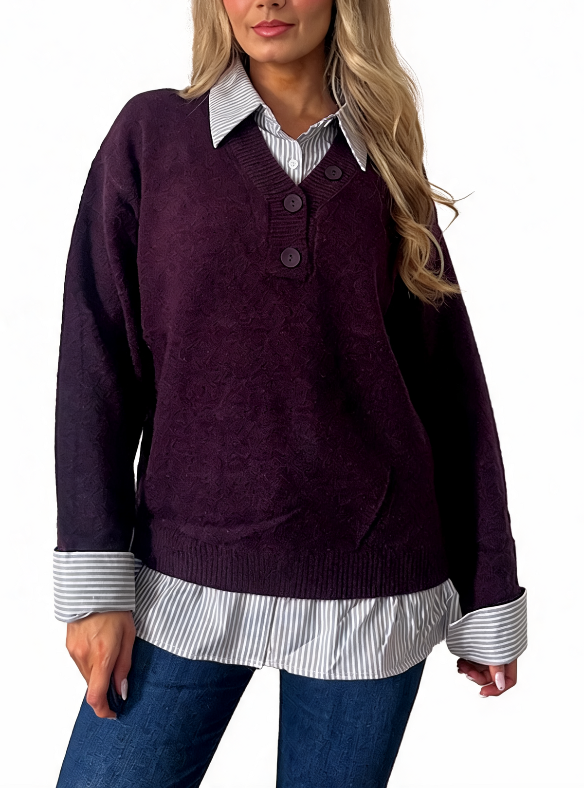 Dark purple layered sweater with button placket and striped shirt hem