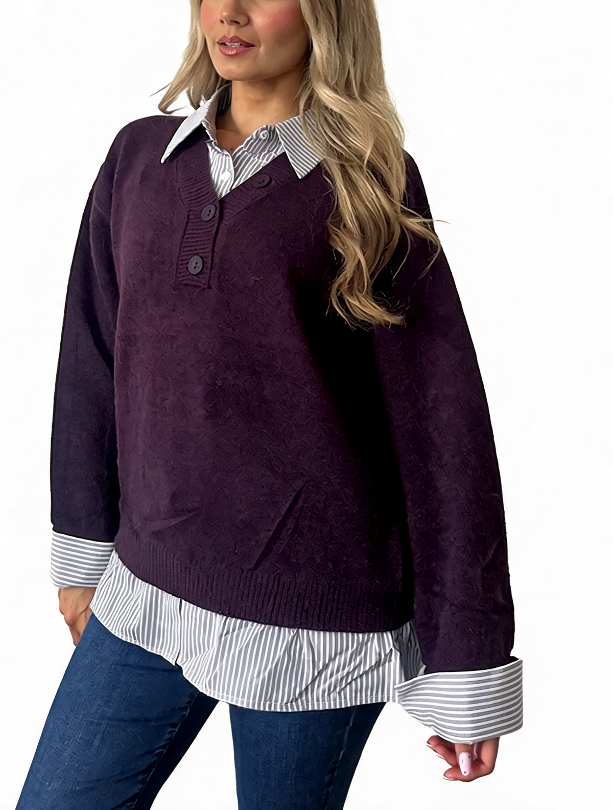 Burgundy layered sweater with button placket and striped shirt hem with cuffs