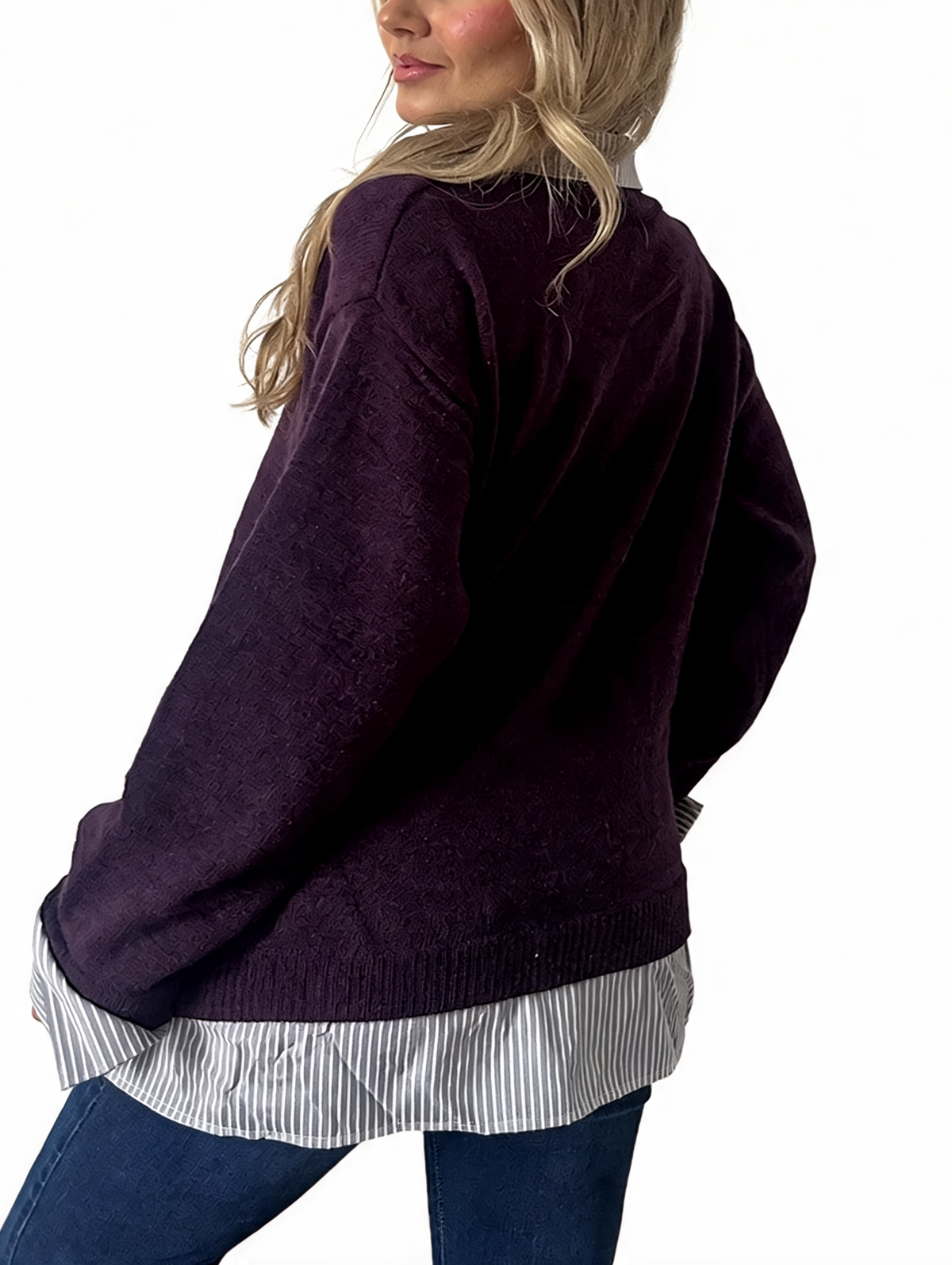 Burgundy layered sweater back with striped shirt hem and striped cuffs