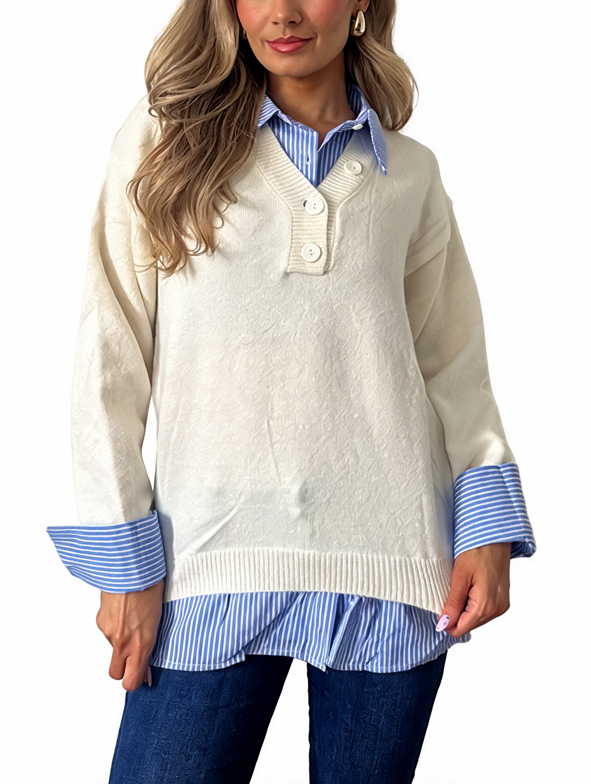 Cream layered sweater with button placket and blue striped shirt hem
