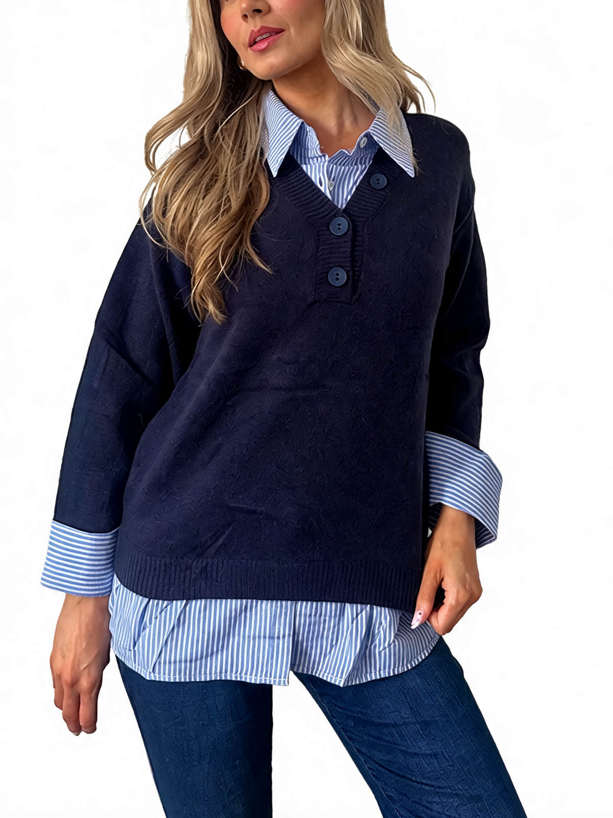 Navy layered sweater with button placket and blue striped shirt hem