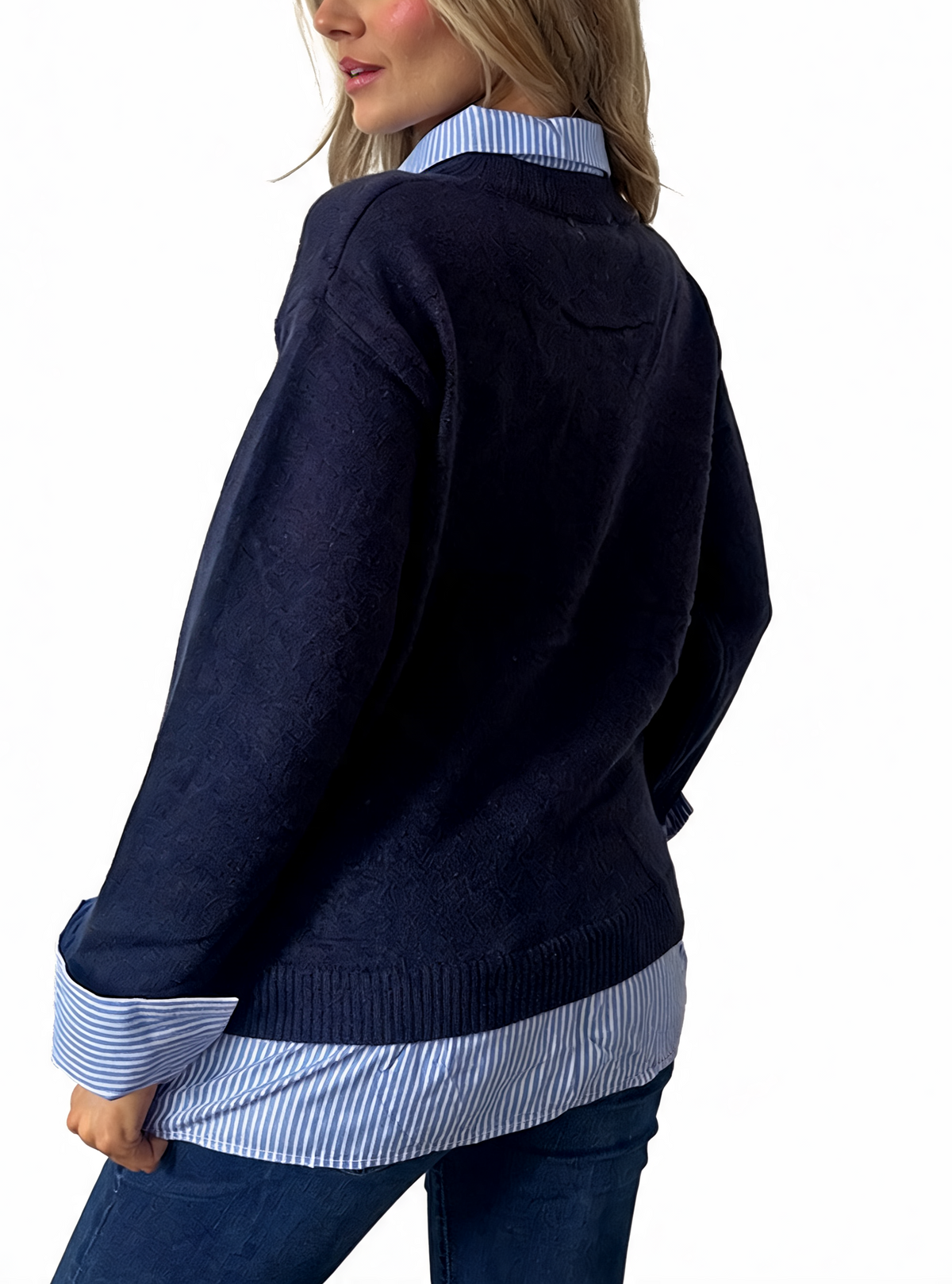 Navy layered sweater back with blue striped hem and striped sleeve cuffs