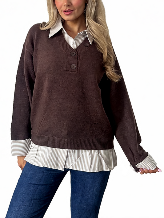 Layered Button-Trim Sweater with Contrast Striped Shirt Hem