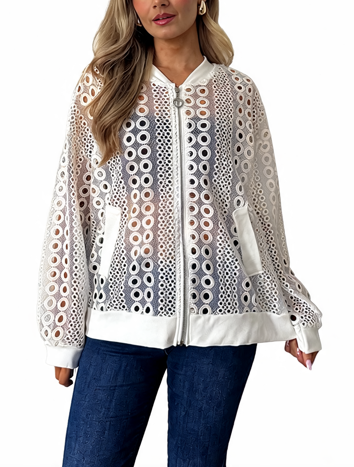 Sheer crochet lace zip-up bomber jacket with white circle pattern and contrast hem trim