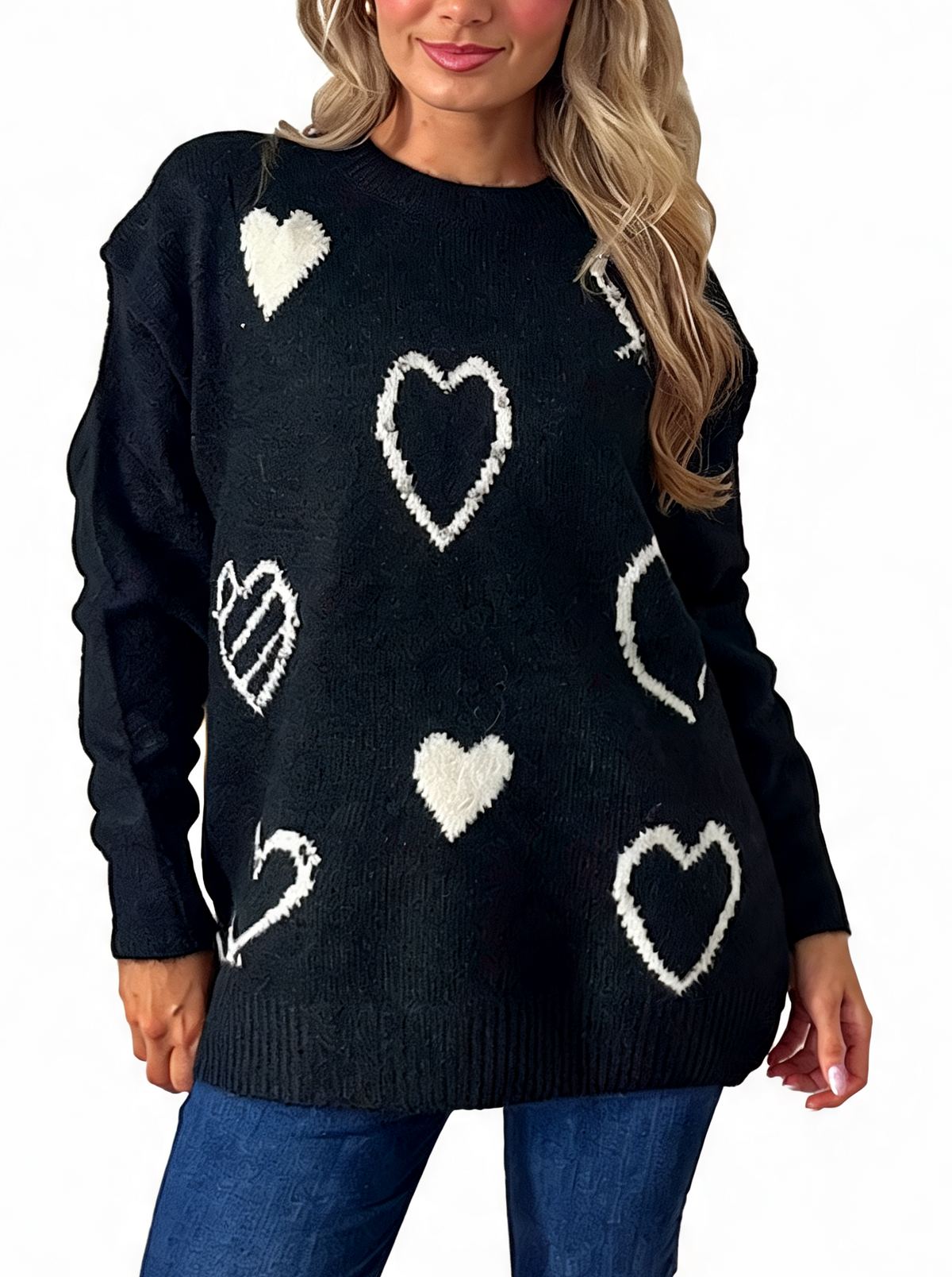 Navy knit sweater with white heart appliques and rhinestone sparkle detail