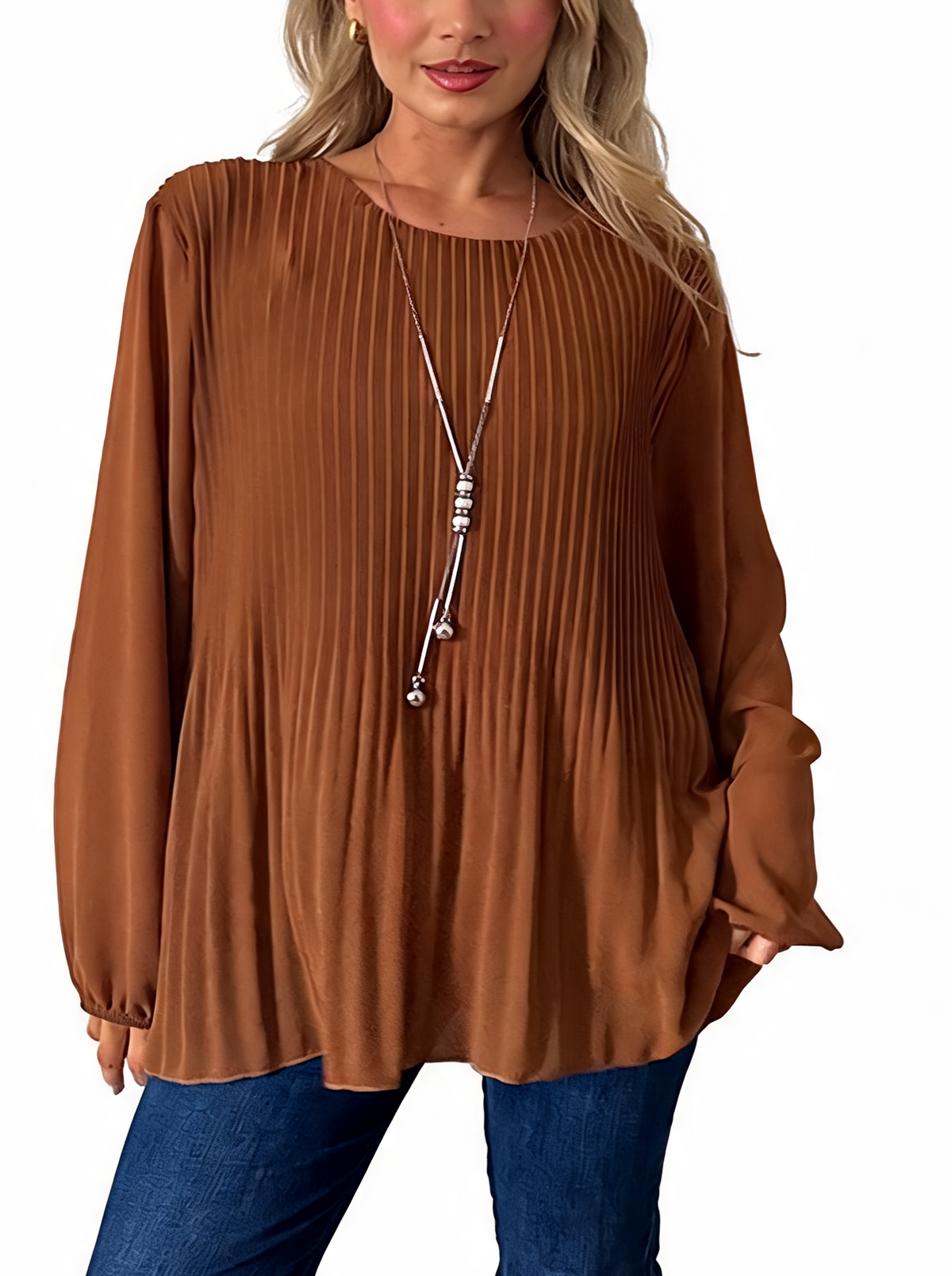 Camel pleated satin long-sleeve swing blouse with round neckline