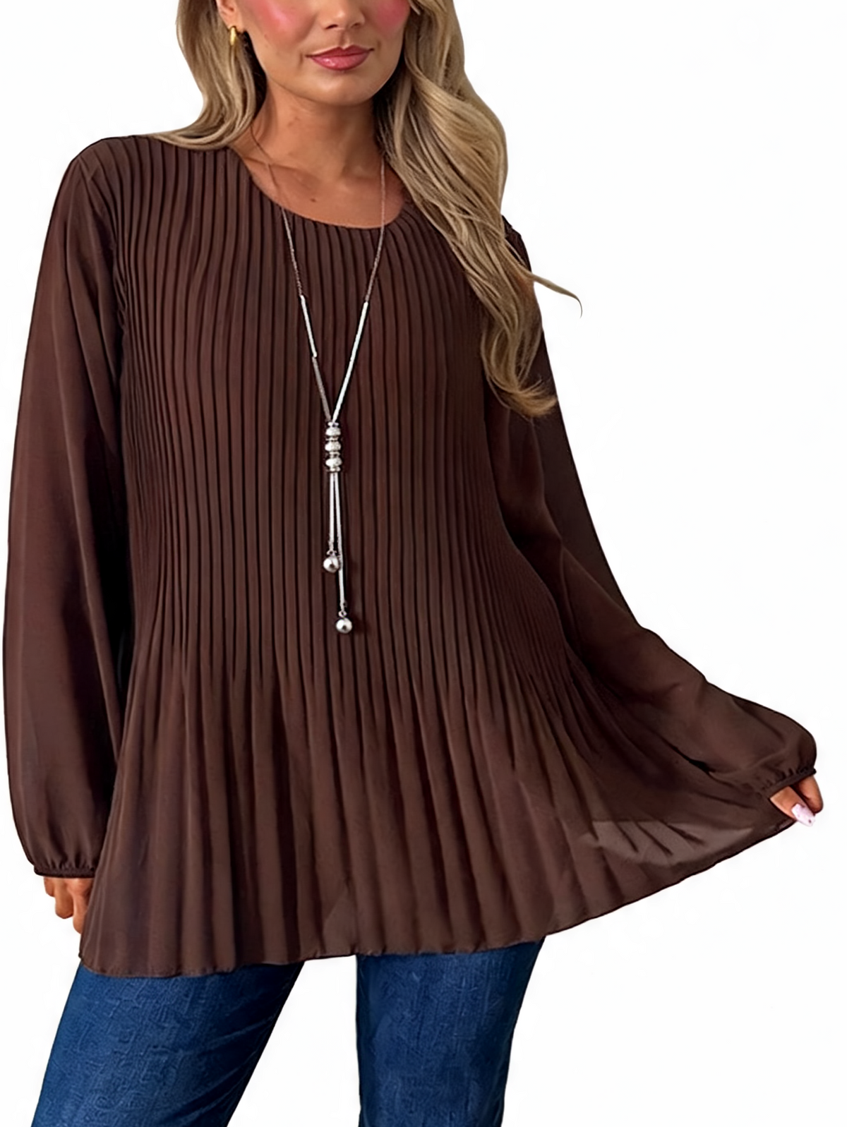 Chocolate brown pleated satin long-sleeve swing blouse with round neckline