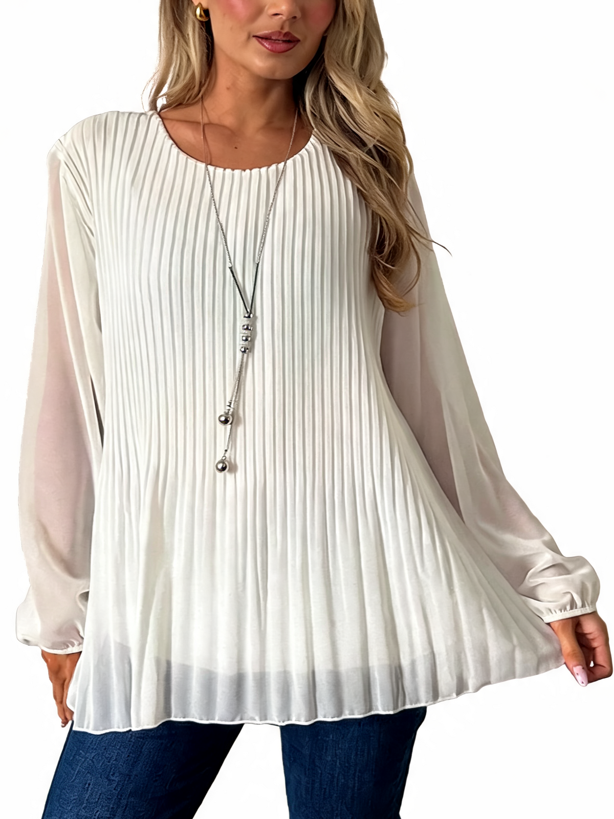White pleated satin long-sleeve swing blouse with round neckline