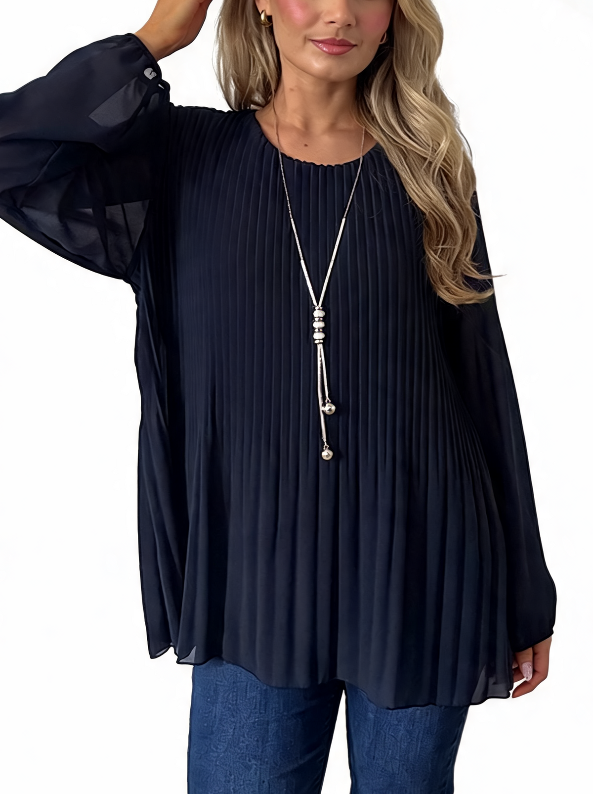 Navy pleated satin long-sleeve swing blouse with round neckline