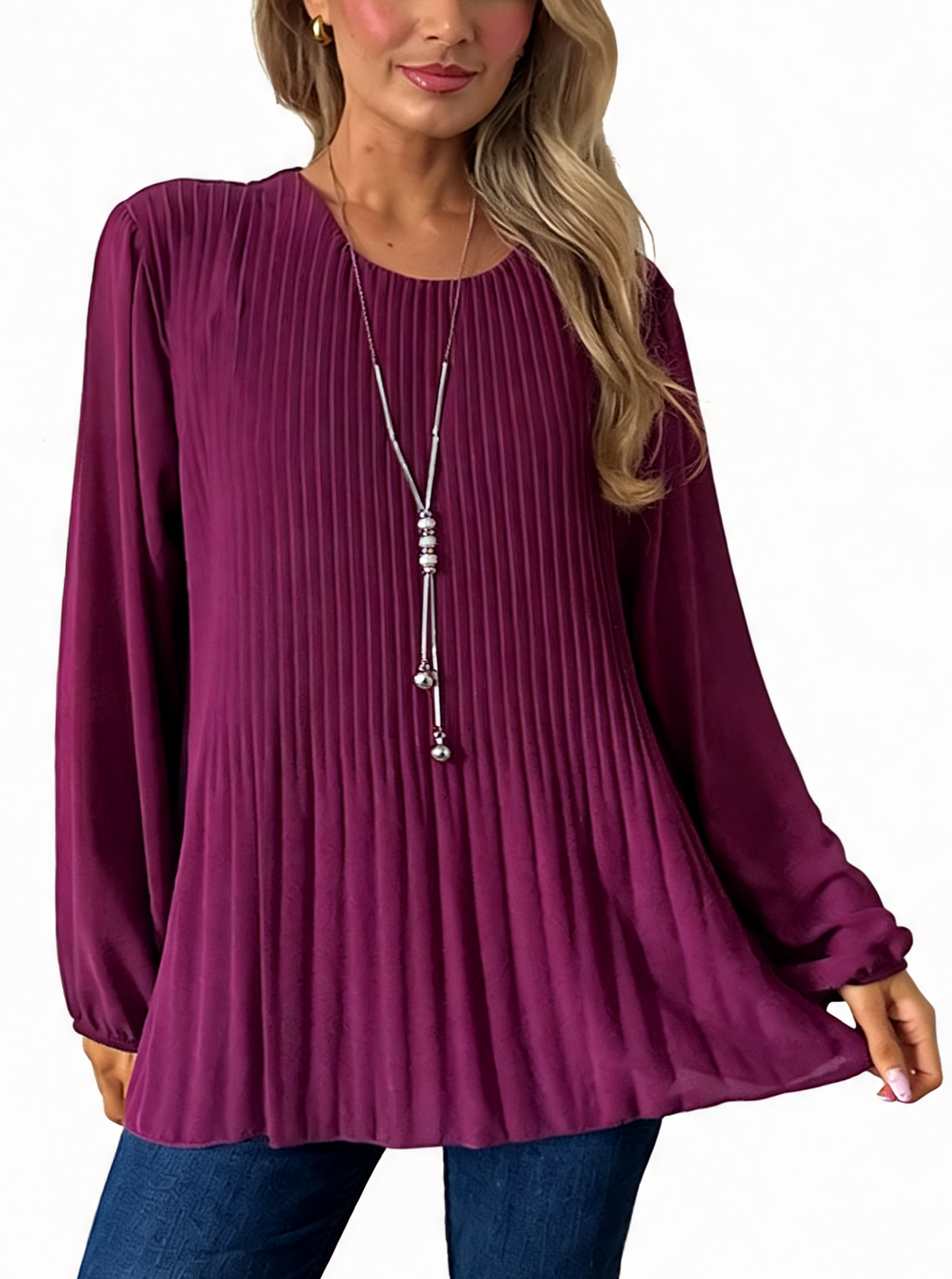 Magenta pleated satin long-sleeve swing blouse with round neckline