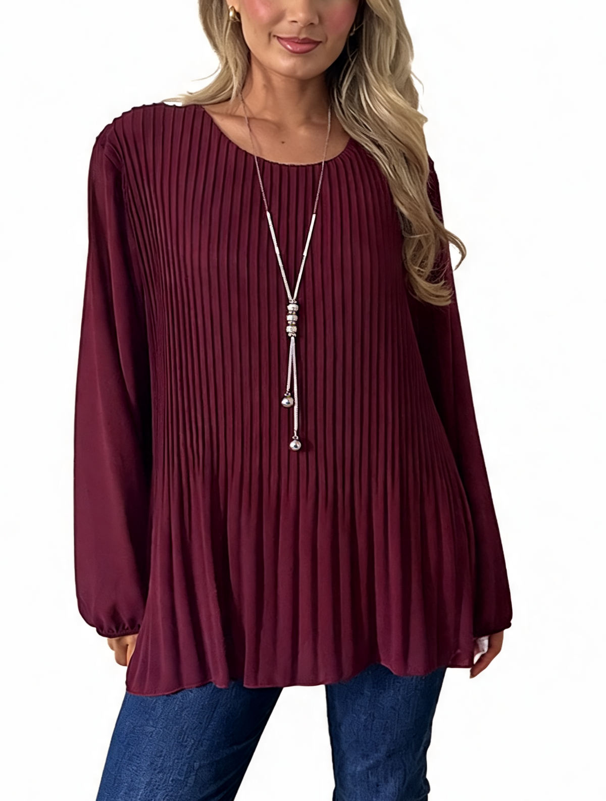 Burgundy pleated satin long-sleeve swing blouse with round neckline