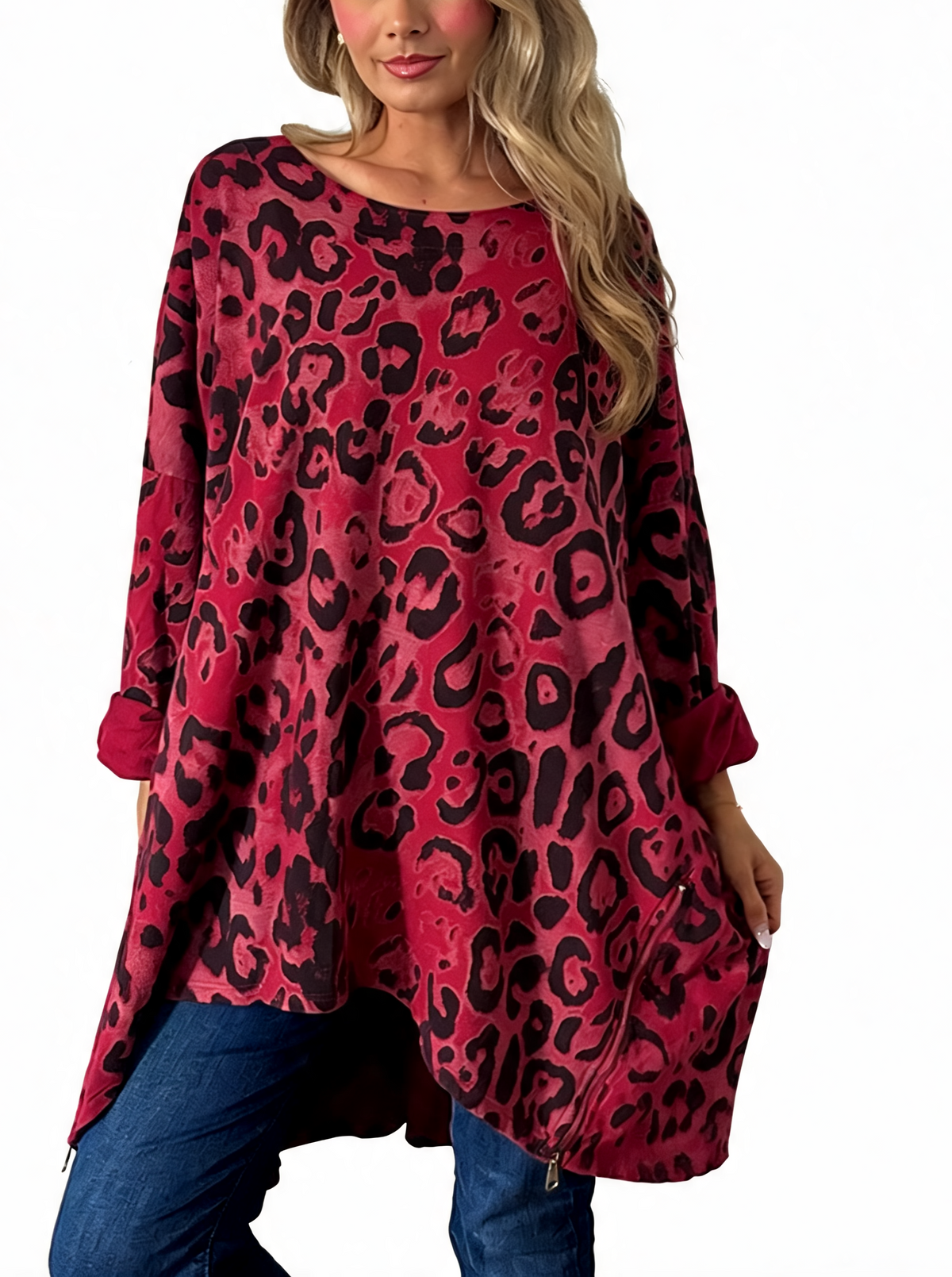 Oversized Animal Print Longline Top with Zip Hem Detail