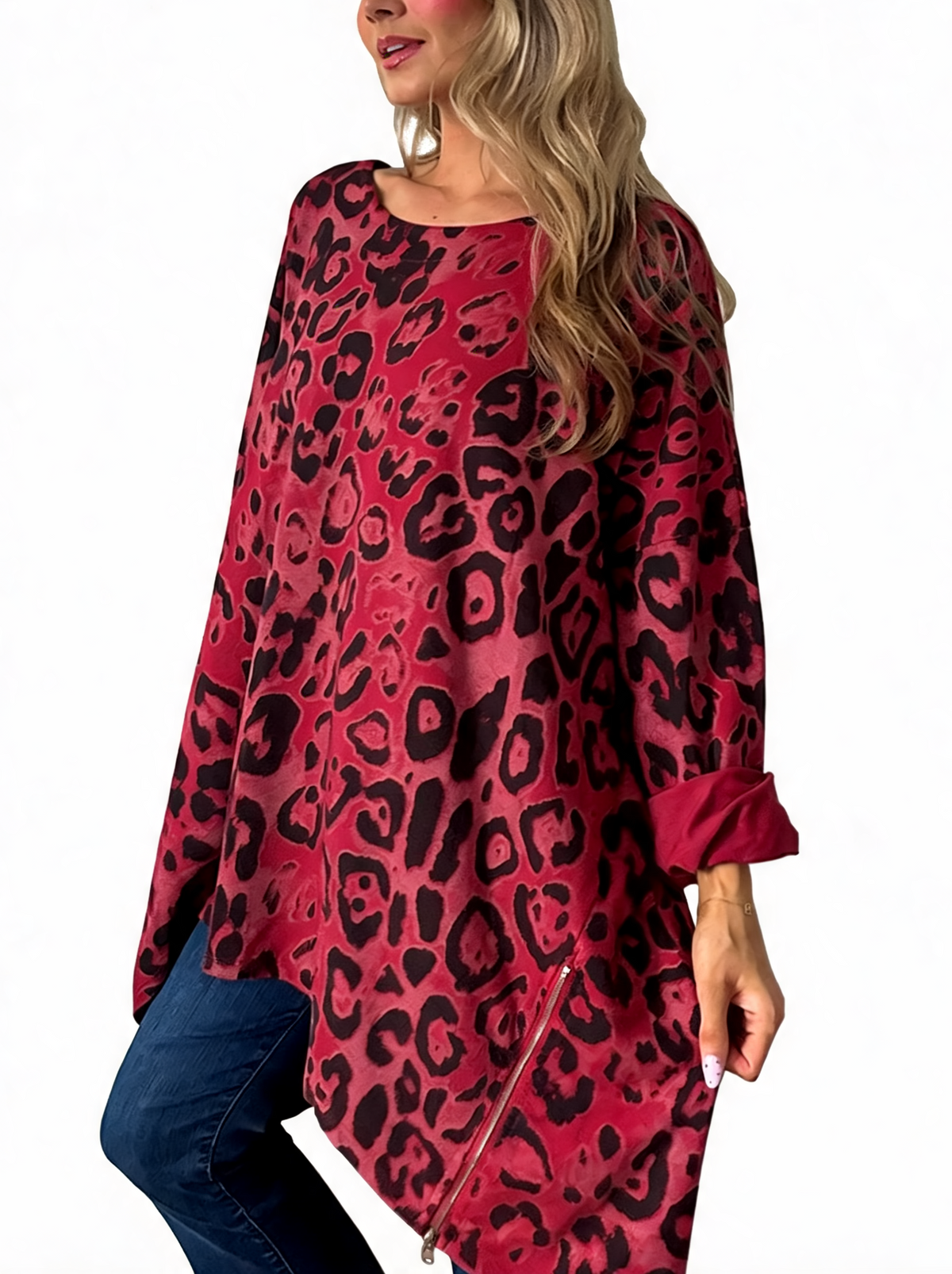Oversized Animal Print Longline Top with Zip Hem Detail