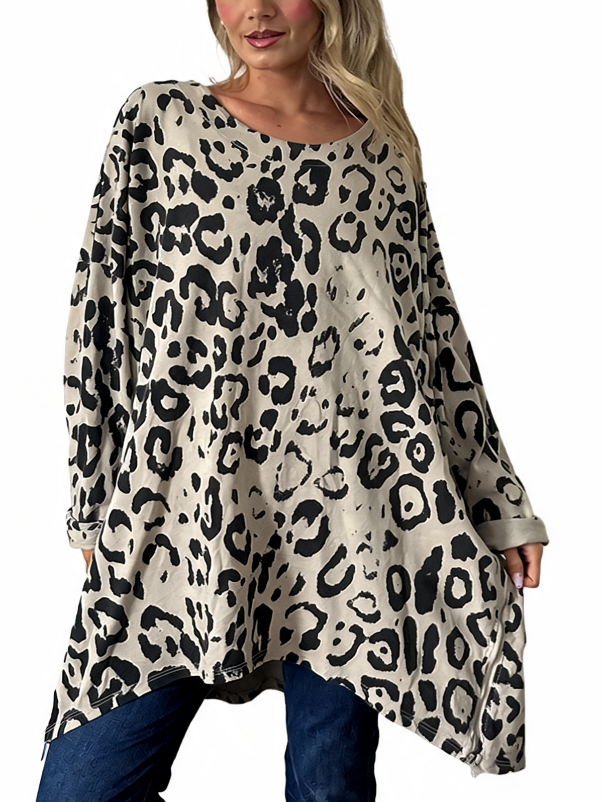Oversized Animal Print Longline Top with Zip Hem Detail