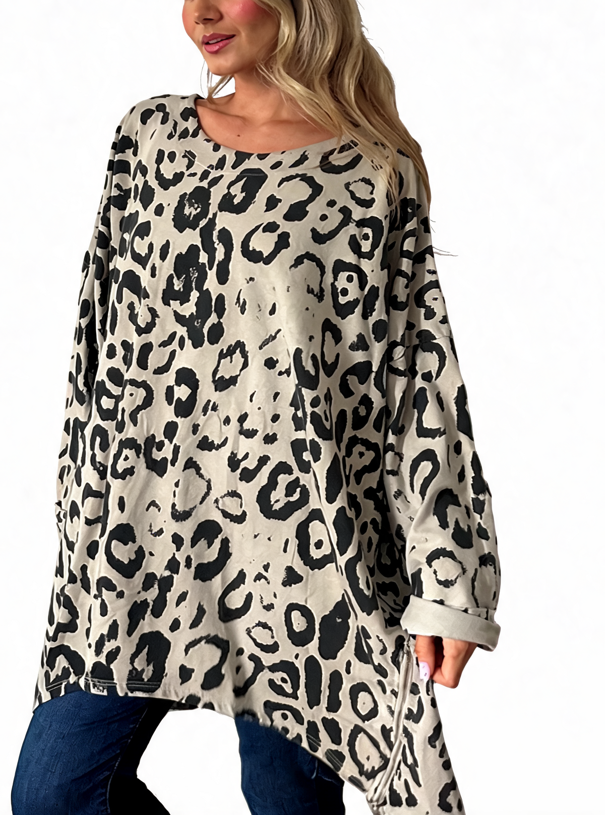 Oversized Animal Print Longline Top with Zip Hem Detail