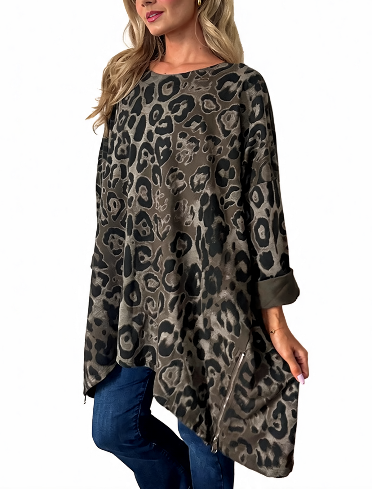 Oversized Animal Print Longline Top with Zip Hem Detail