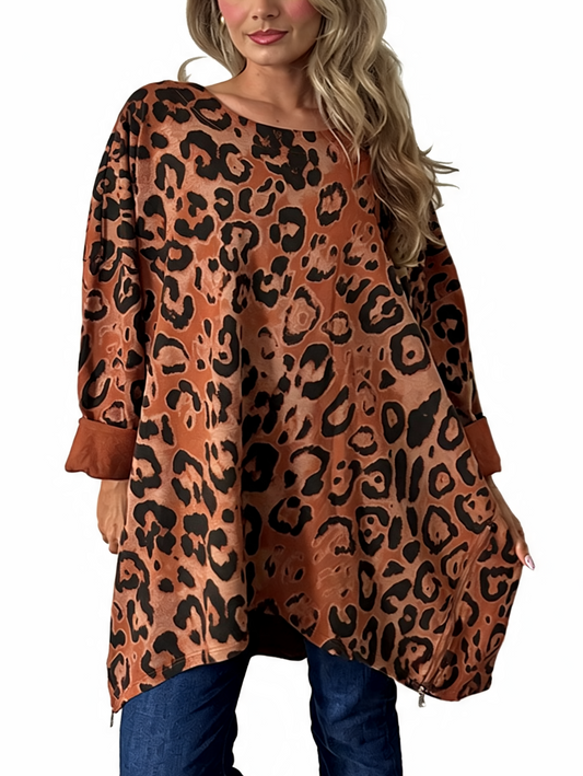 Oversized Animal Print Longline Top with Zip Hem Detail