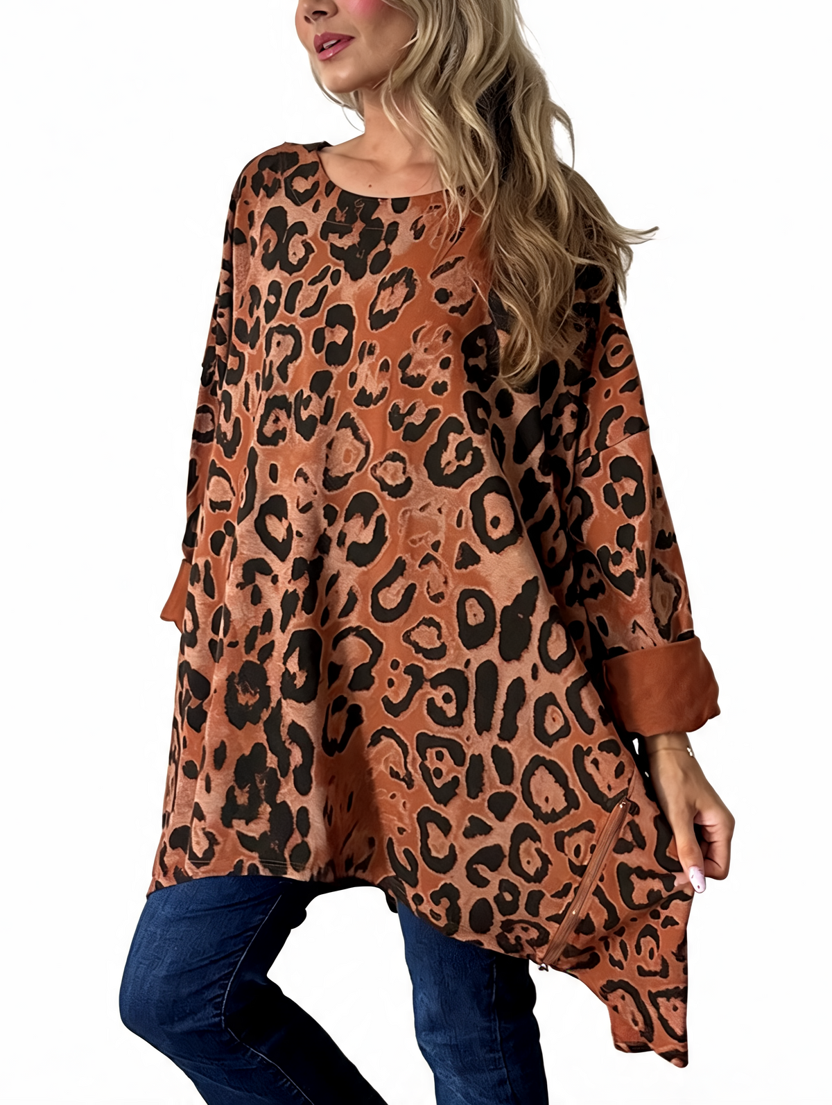 Oversized Animal Print Longline Top with Zip Hem Detail