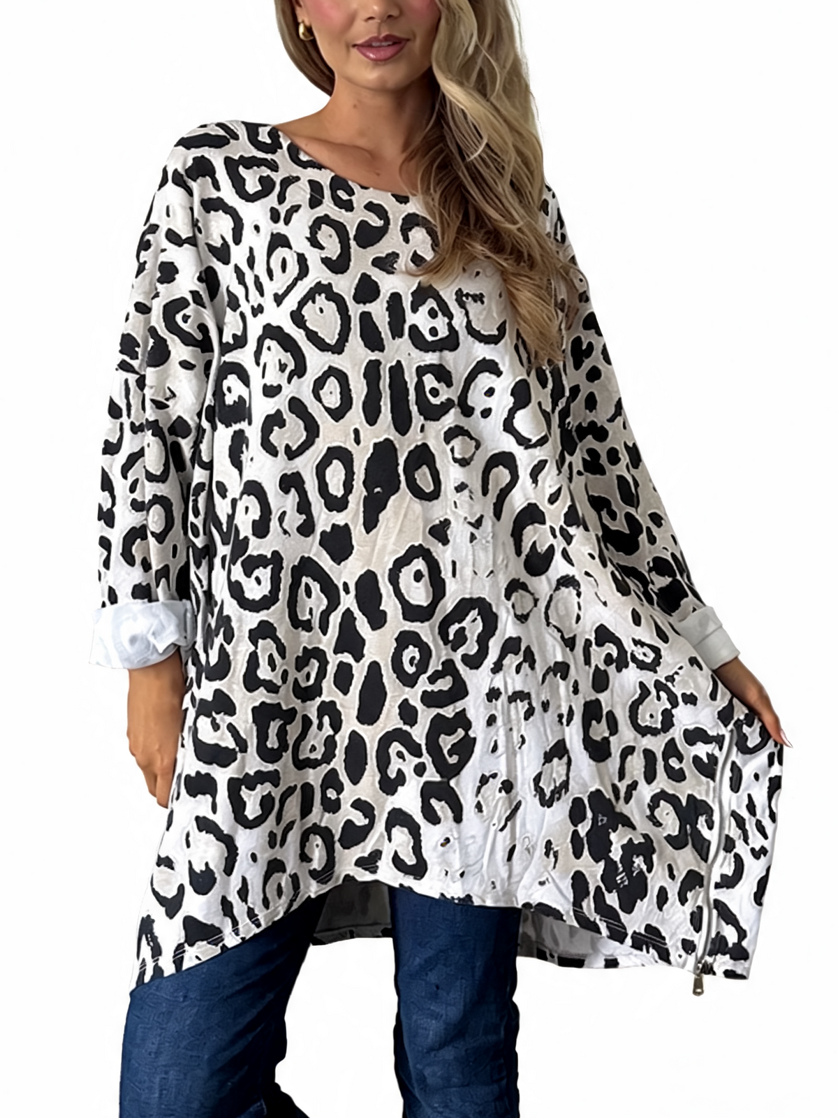 Oversized Animal Print Longline Top with Zip Hem Detail