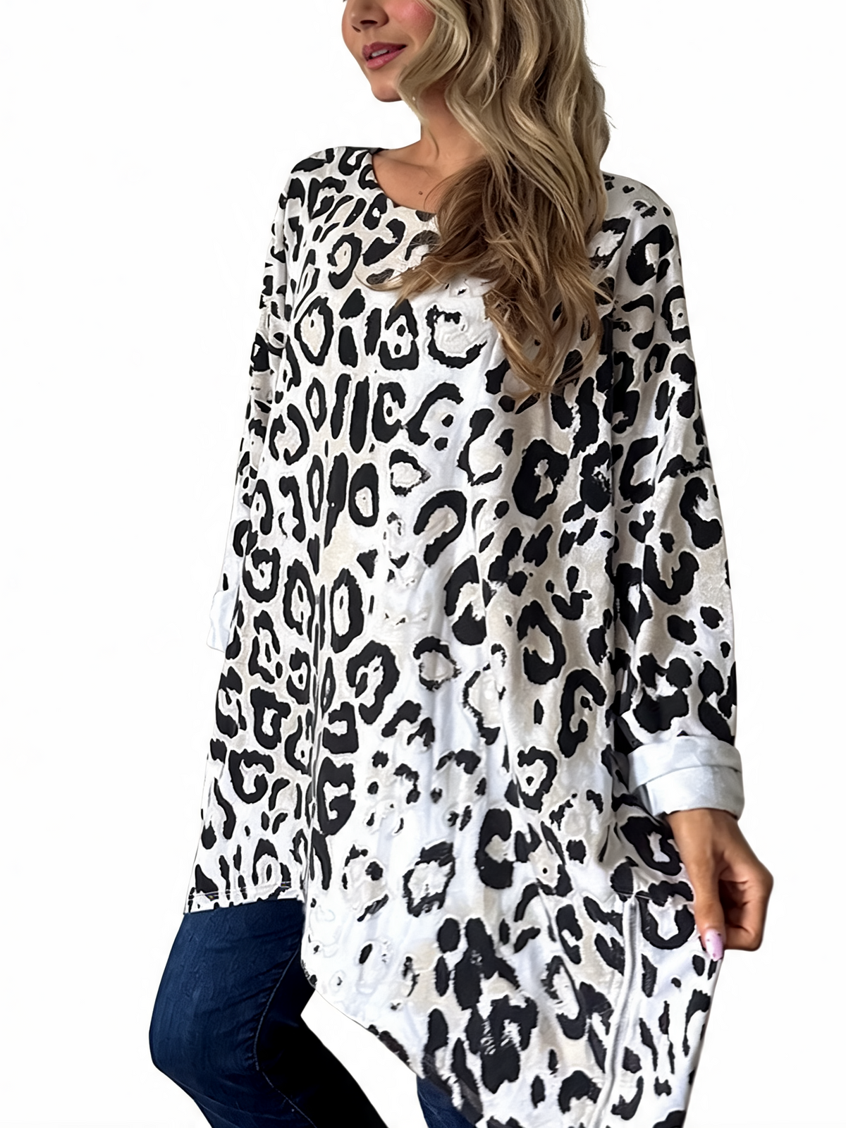 Oversized Animal Print Longline Top with Zip Hem Detail
