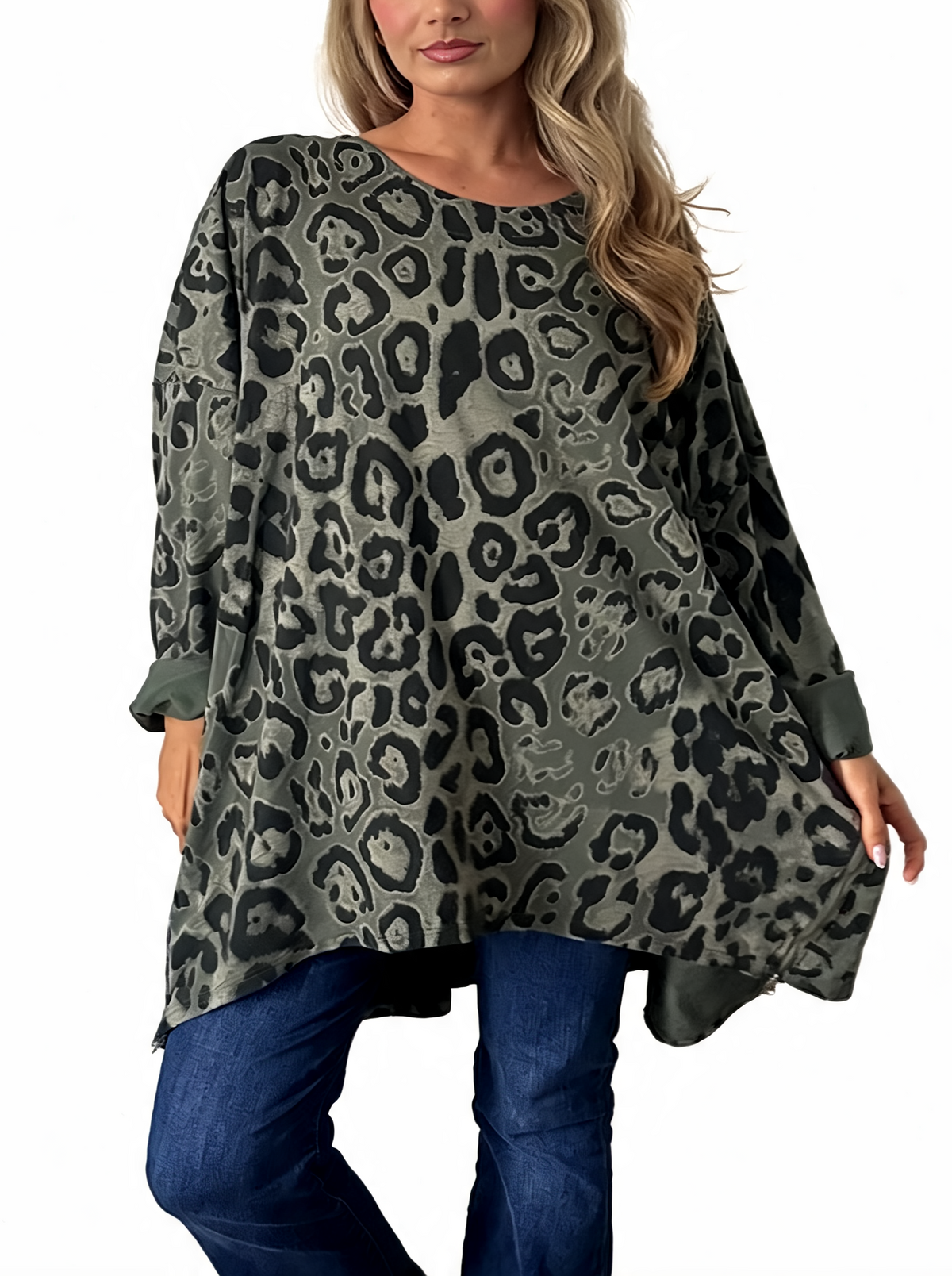 Oversized Animal Print Longline Top with Zip Hem Detail