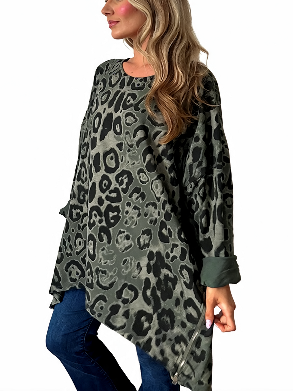 Oversized Animal Print Longline Top with Zip Hem Detail