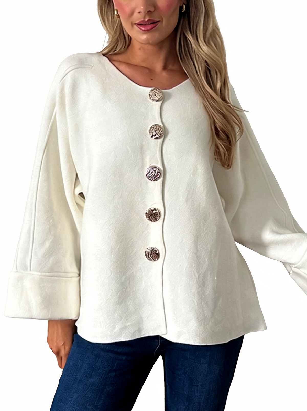 Oversized Textured Button-Front Jacket with Bell Sleeves